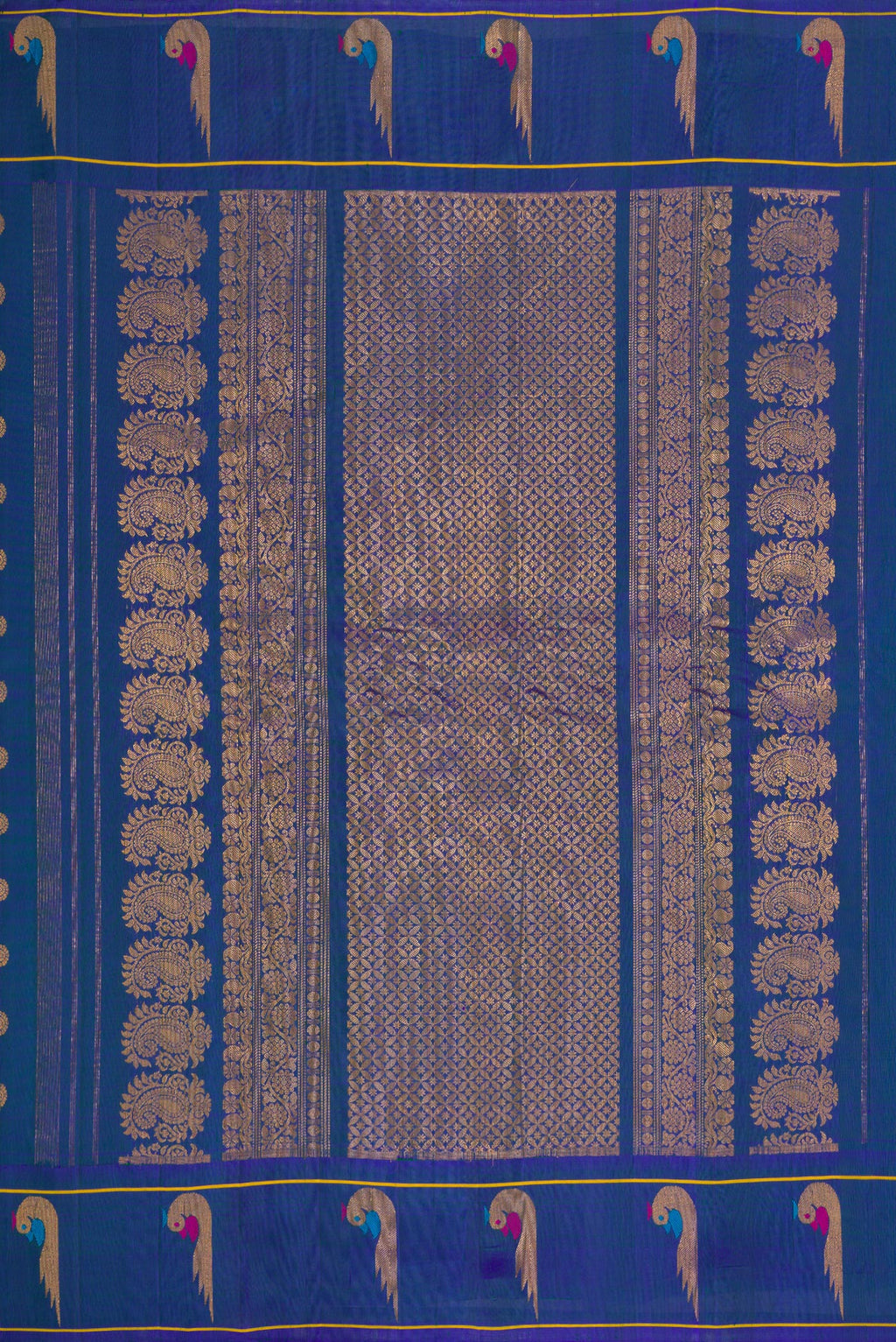 Close up image of the pallu of Peacock Blue Dual Tone Gadwal Silk Saree with Zari Butta on the body and Paithani Border. 