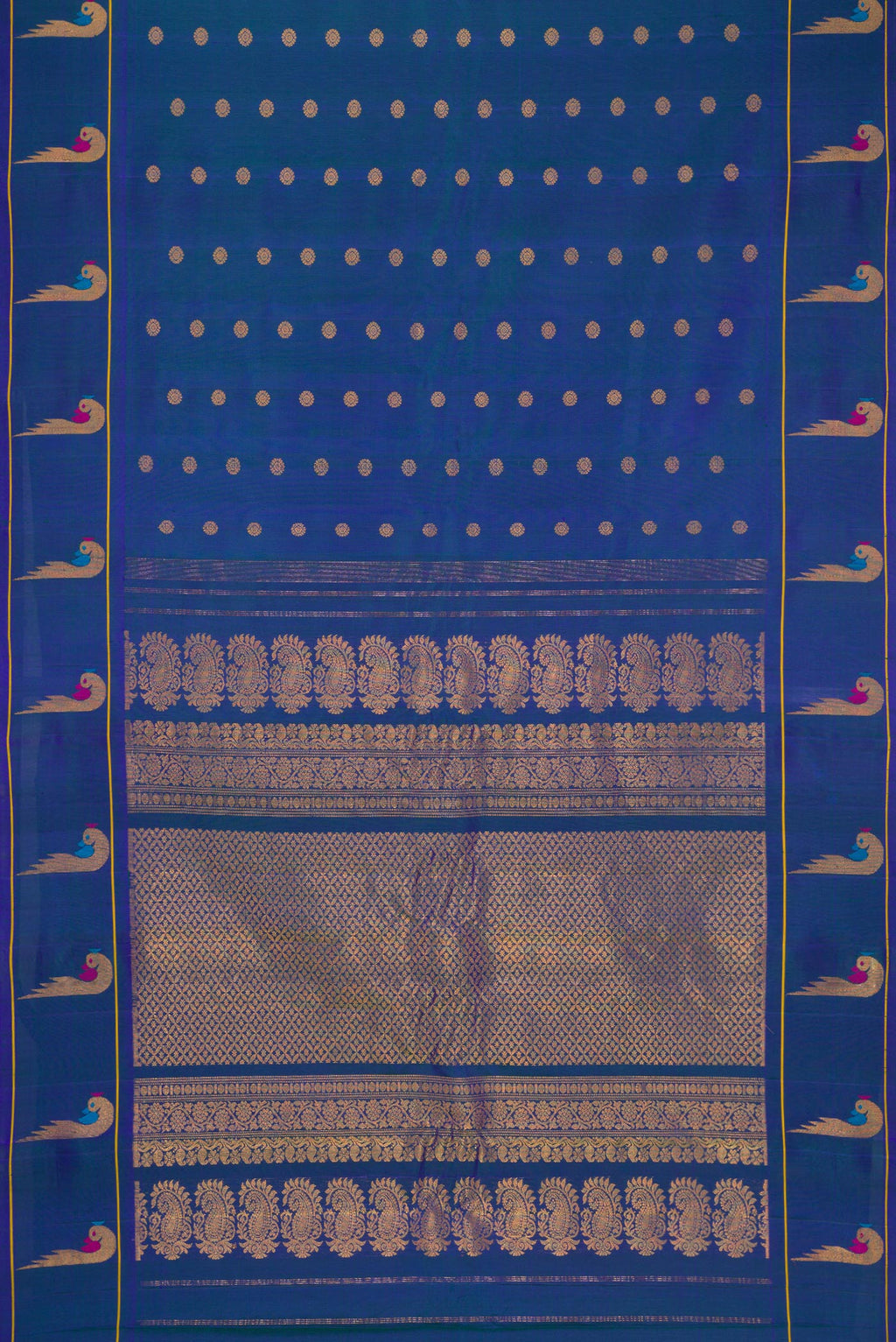 Flat view of Peacock Blue Dual Tone Gadwal Silk Saree with Zari Butta on the body and Paithani Border. 