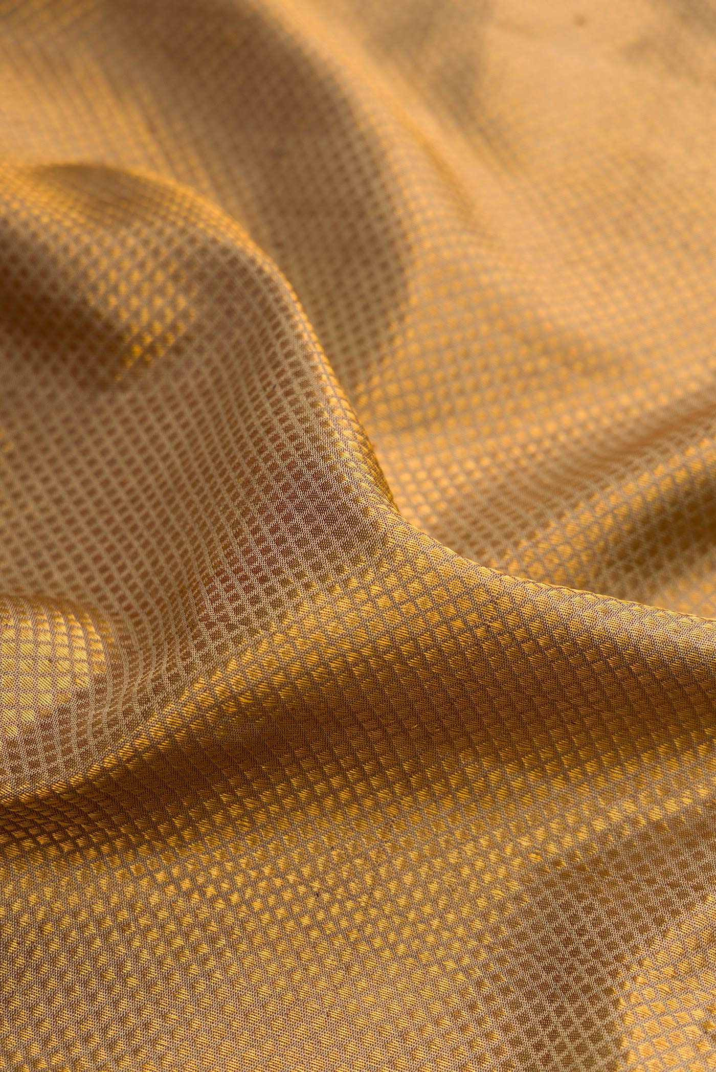Close up of Dark Beige Gadwal Silk Saree with Zari Brocade on the body and Zari Border.  displaying folds