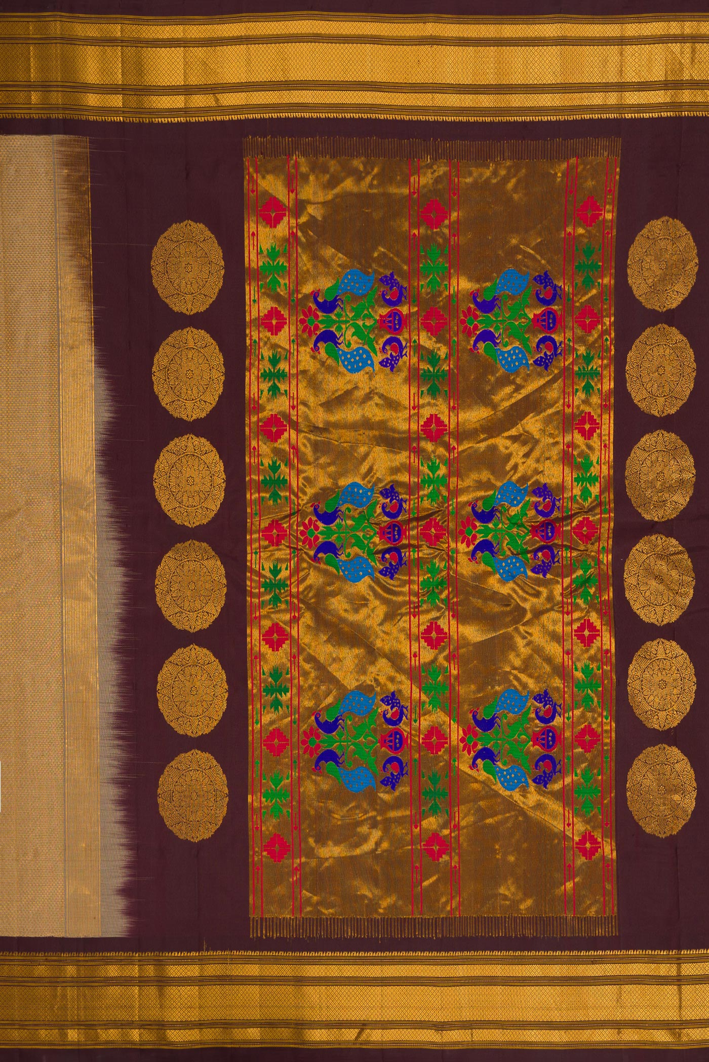 Close up image of the pallu of Dark Beige Gadwal Silk Saree with Zari Brocade on the body and Zari Border. 