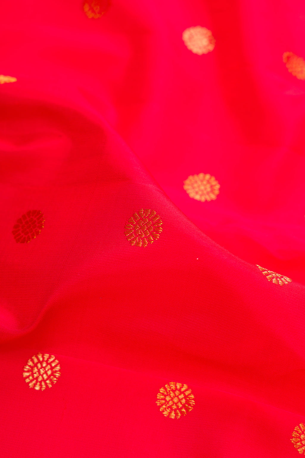 Close up of Red Gadwal Silk Saree with Zari Butta on the body and Paithani Border.  displaying folds