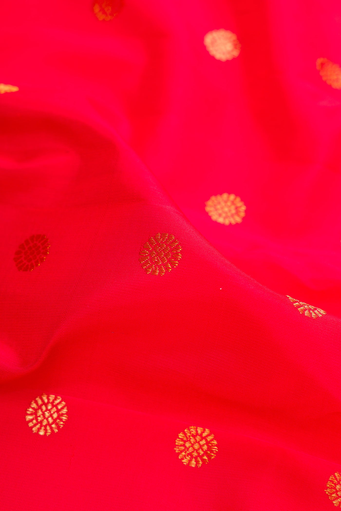 Close up of Red Gadwal Silk Saree with Zari Butta on the body and Paithani Border.  displaying folds