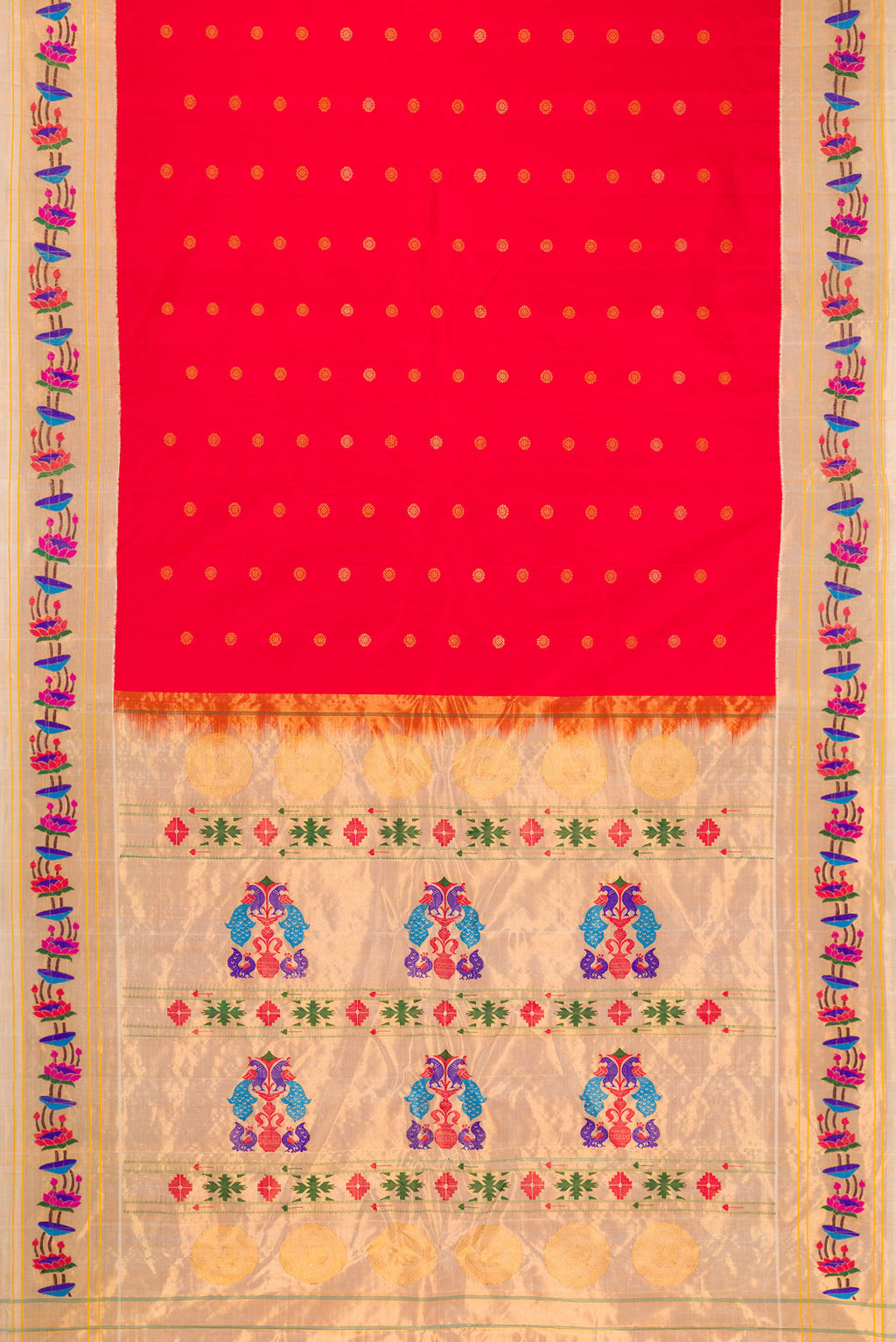 Flat view of Red Gadwal Silk Saree with Zari Butta on the body and Paithani Border. 