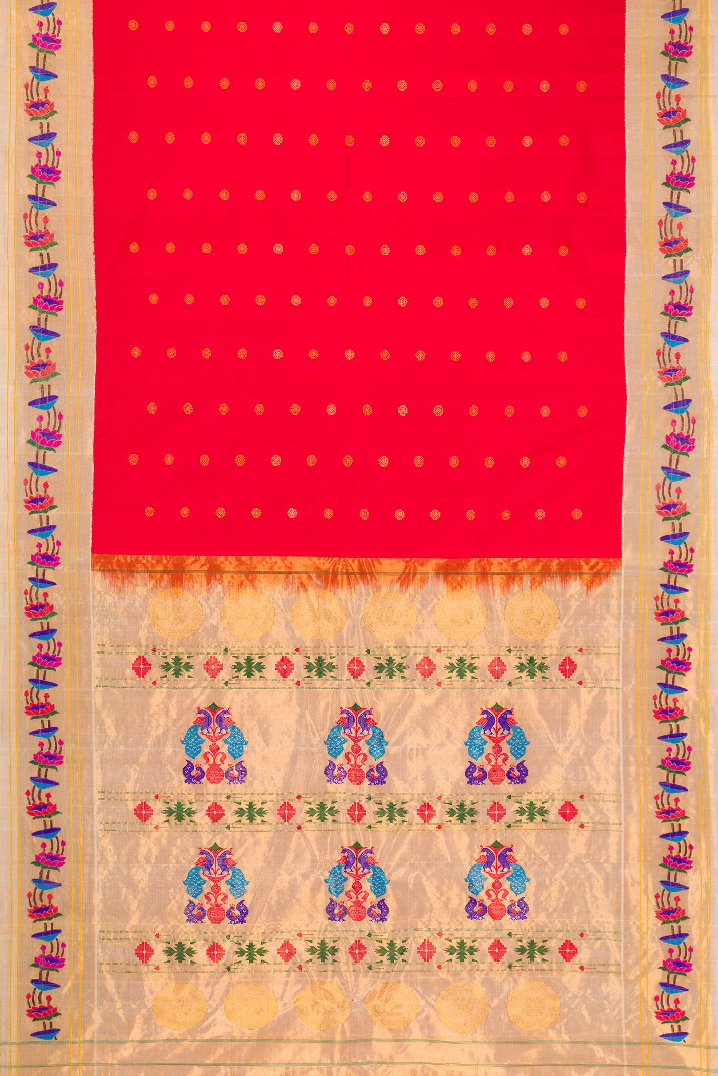 Flat view of Red Gadwal Silk Saree with Zari Butta on the body and Paithani Border. 