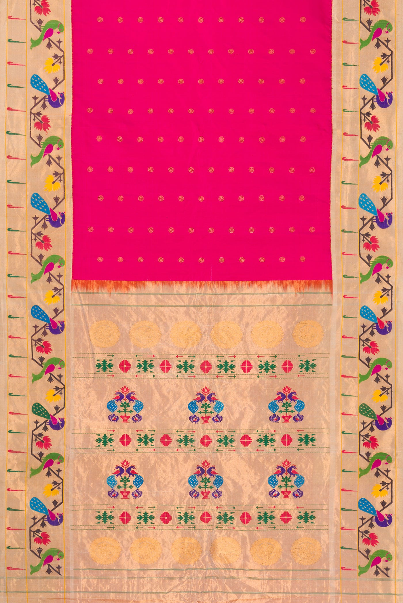 Flat view of Pink Gadwal Silk Saree with Zari Butta on the body and Paithani Border. 
