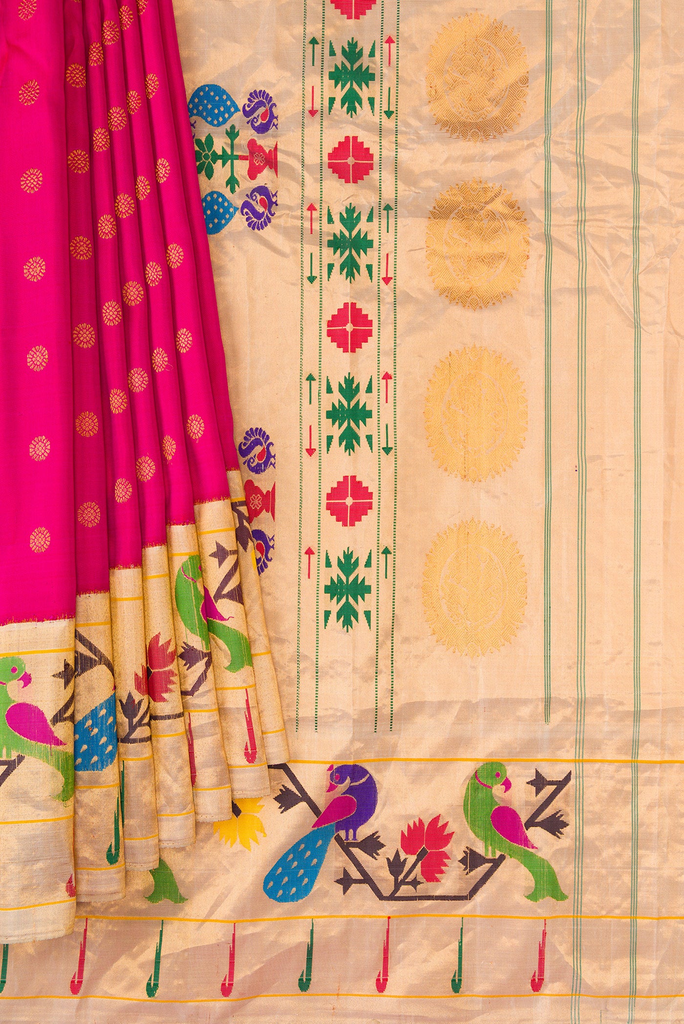 Pleats and pallu of Pink Gadwal Silk Saree with Zari Butta on the body and Paithani Border. 