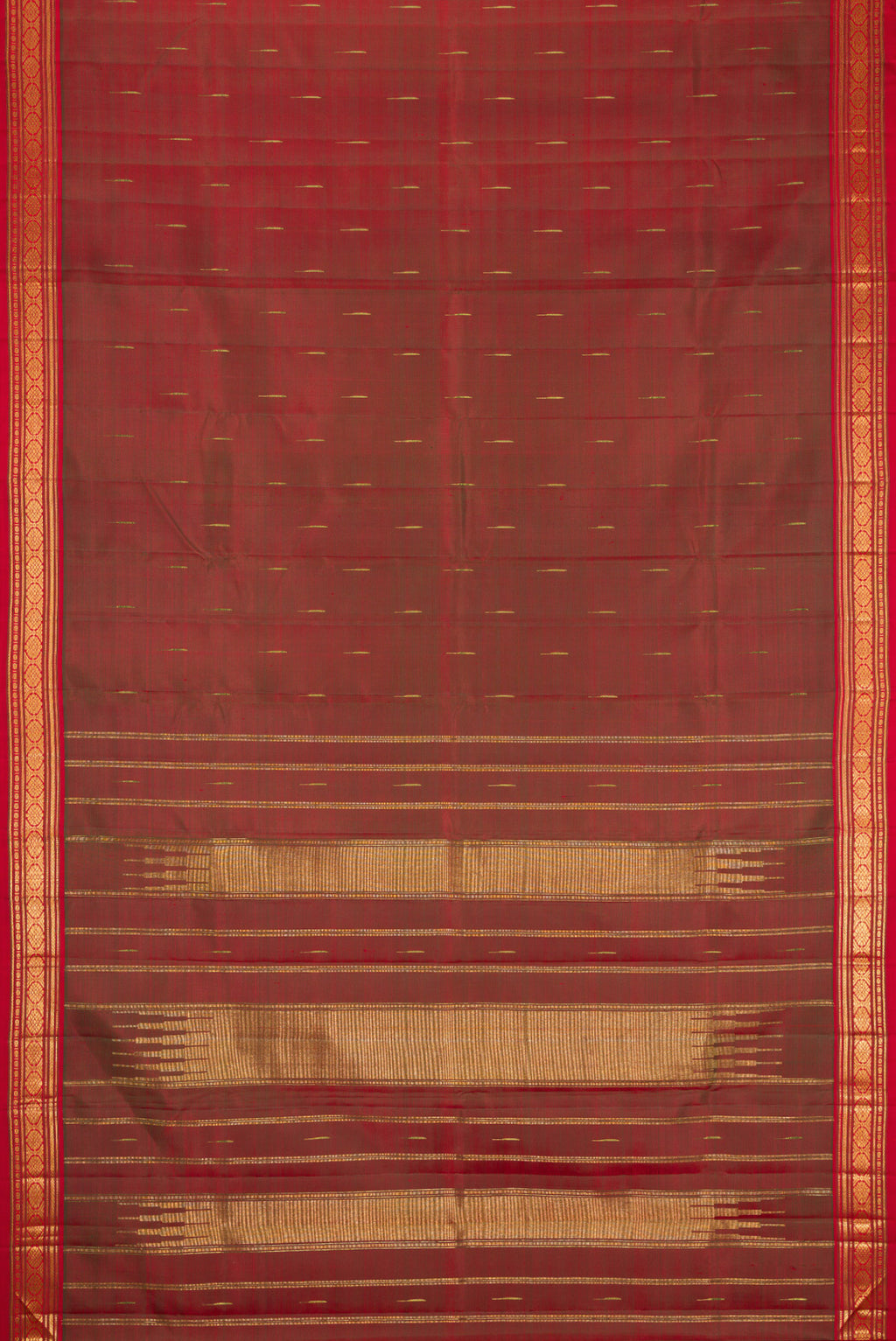 Flat view of Mehandi Green Dual Tone Kanjivaram Silk Saree with Zari Butta on the body and Zari Border. 