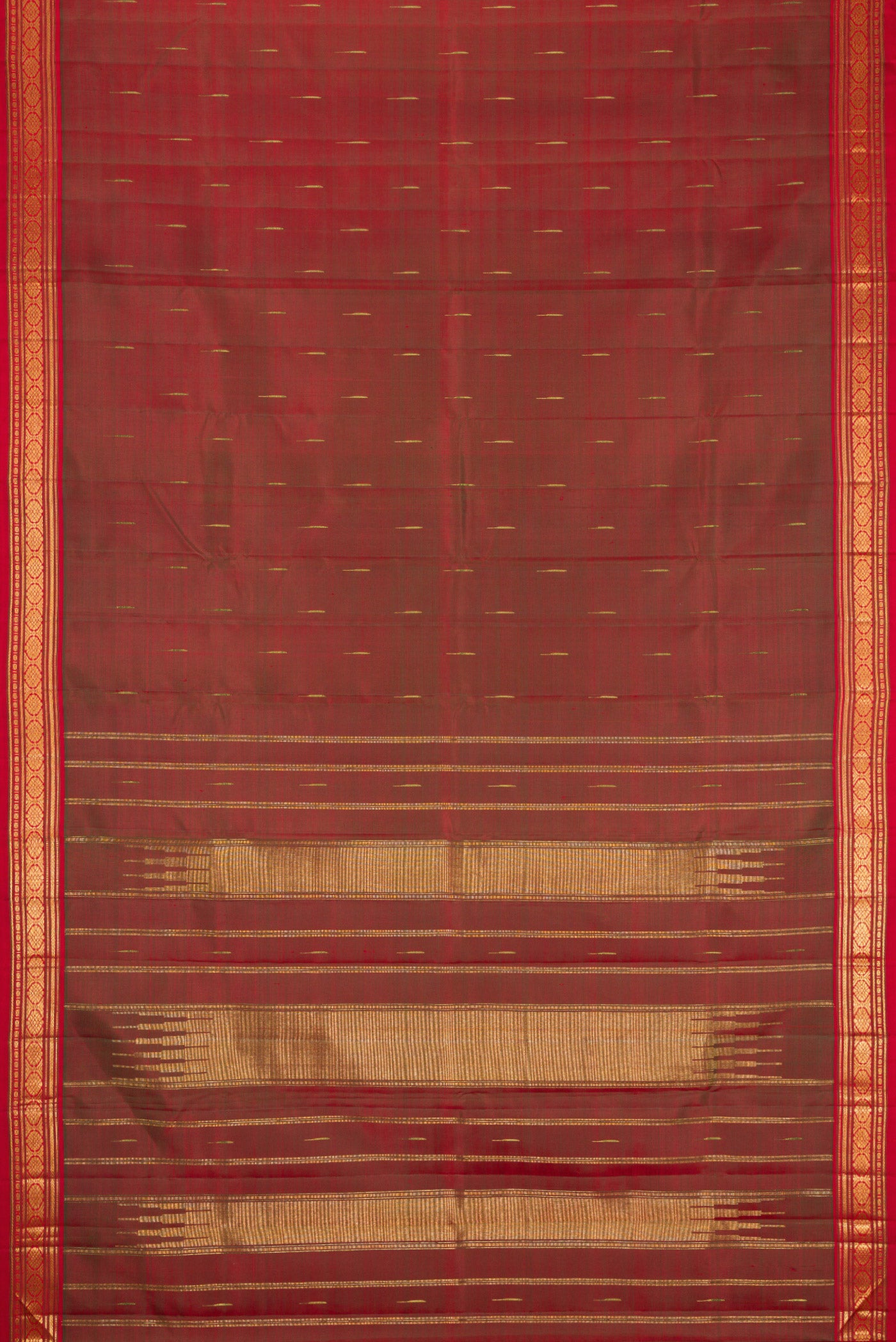 Flat view of Mehandi Green Dual Tone Kanjivaram Silk Saree with Zari Butta on the body and Zari Border. 
