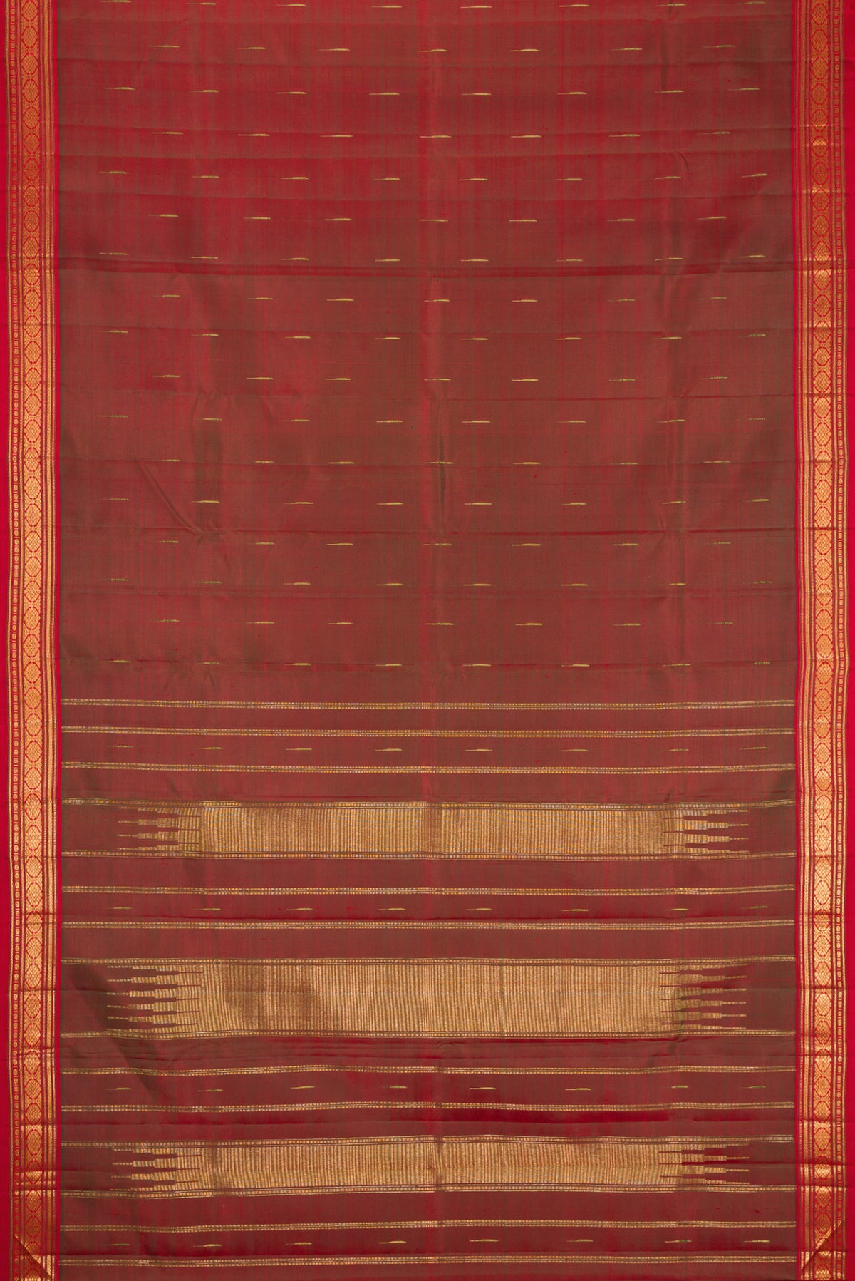 Flat view of Mehandi Green Dual Tone Kanjivaram Silk Saree with Zari Butta on the body and Zari Border. 
