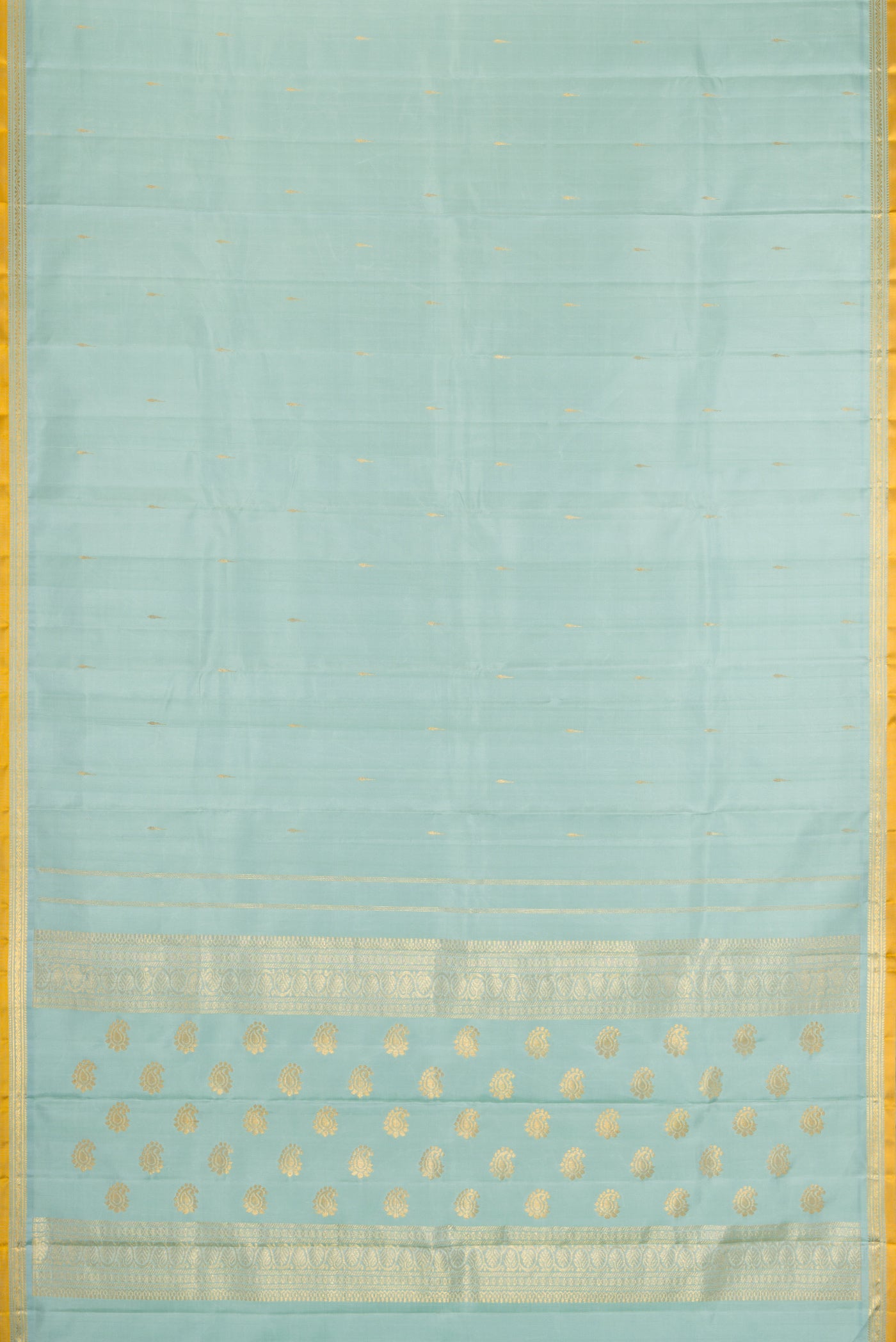 Flat view of Light Blue Kanjivaram Silk Saree with Zari Butta on the body and Zari Border. 