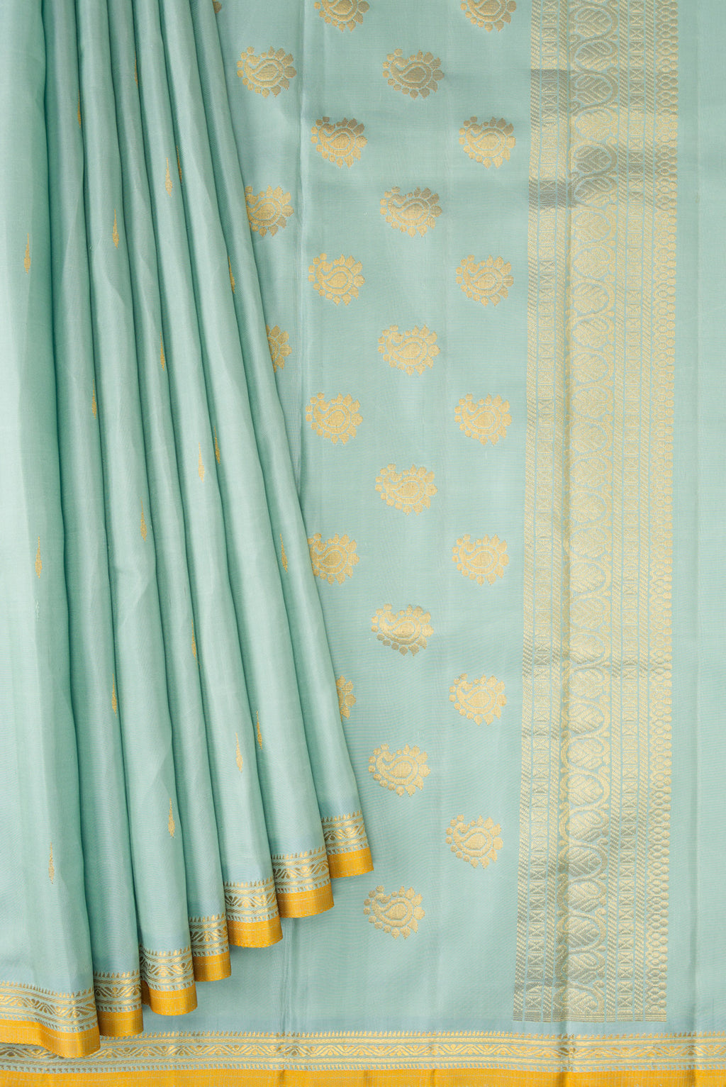 Pleats and pallu of Light Blue Kanjivaram Silk Saree with Zari Butta on the body and Zari Border. 