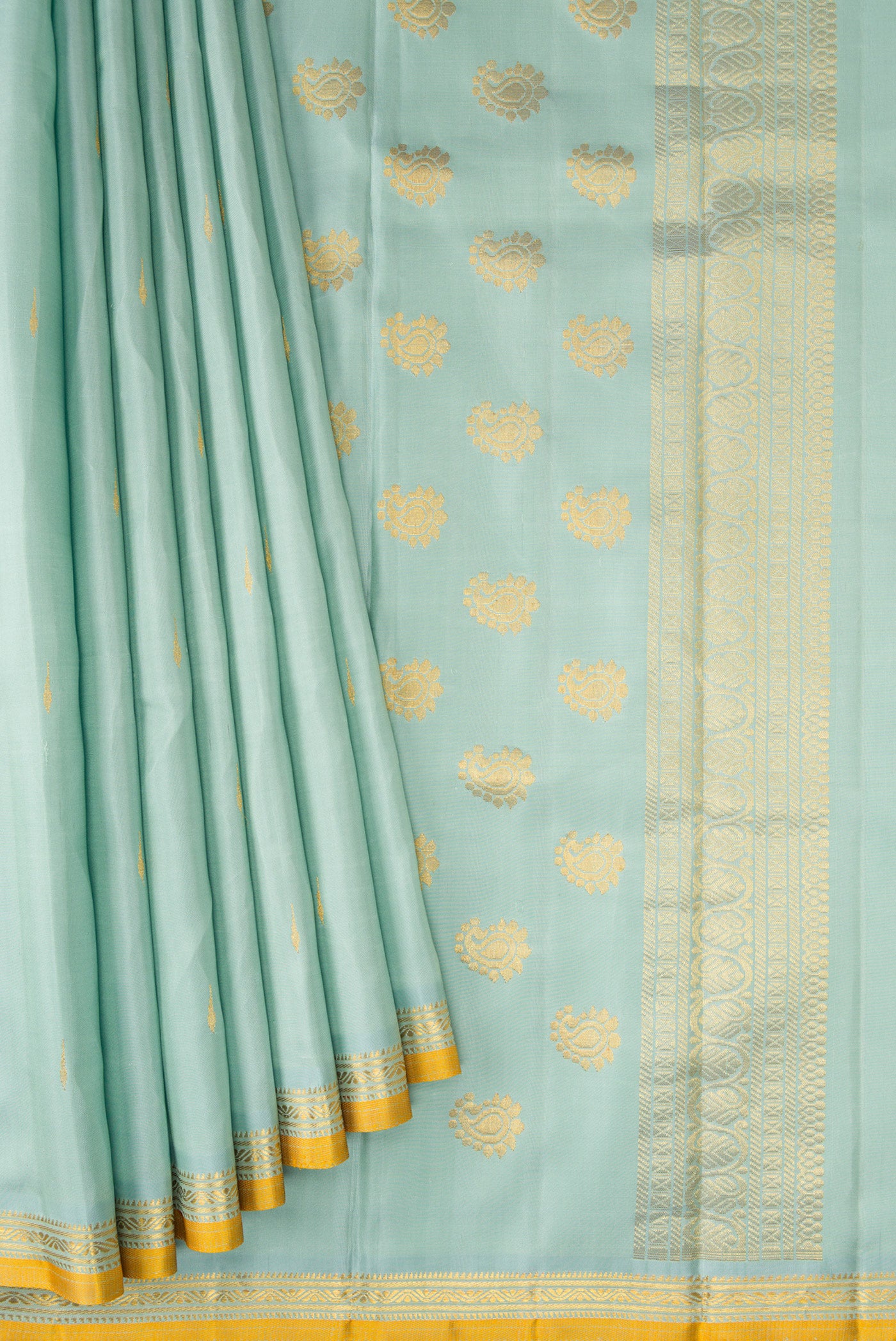 Pleats and pallu of Light Blue Kanjivaram Silk Saree with Zari Butta on the body and Zari Border. 