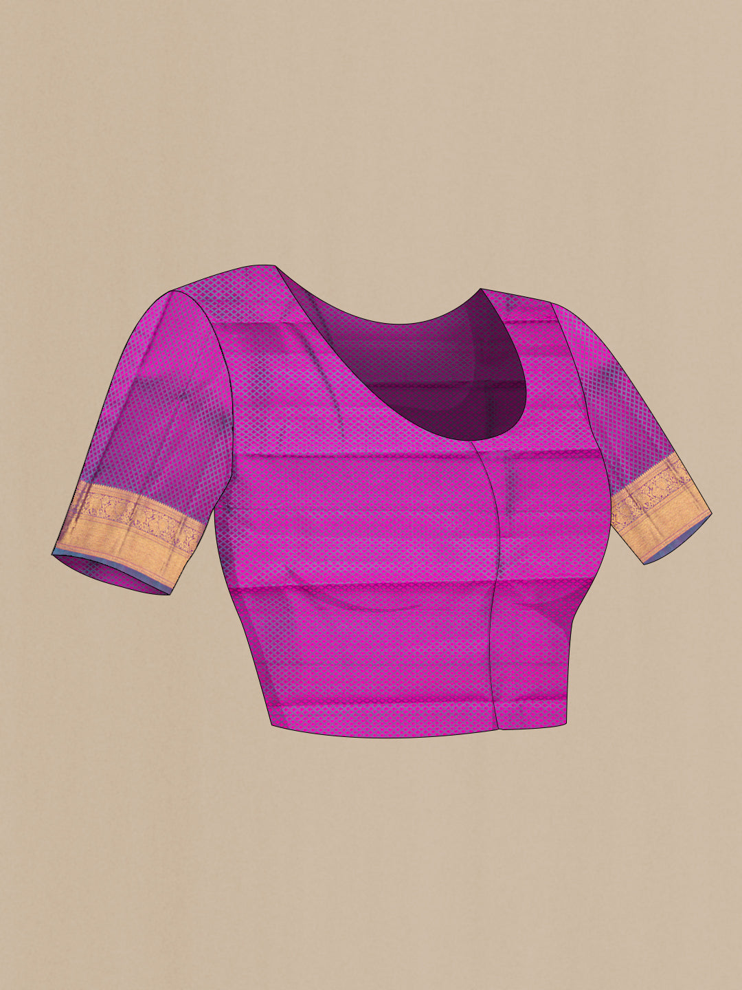 Close up image of the blouse of Pure Silk Pink Dual Tone Kanjivaram Saree with Jacquard design on the body and Zari Border. 