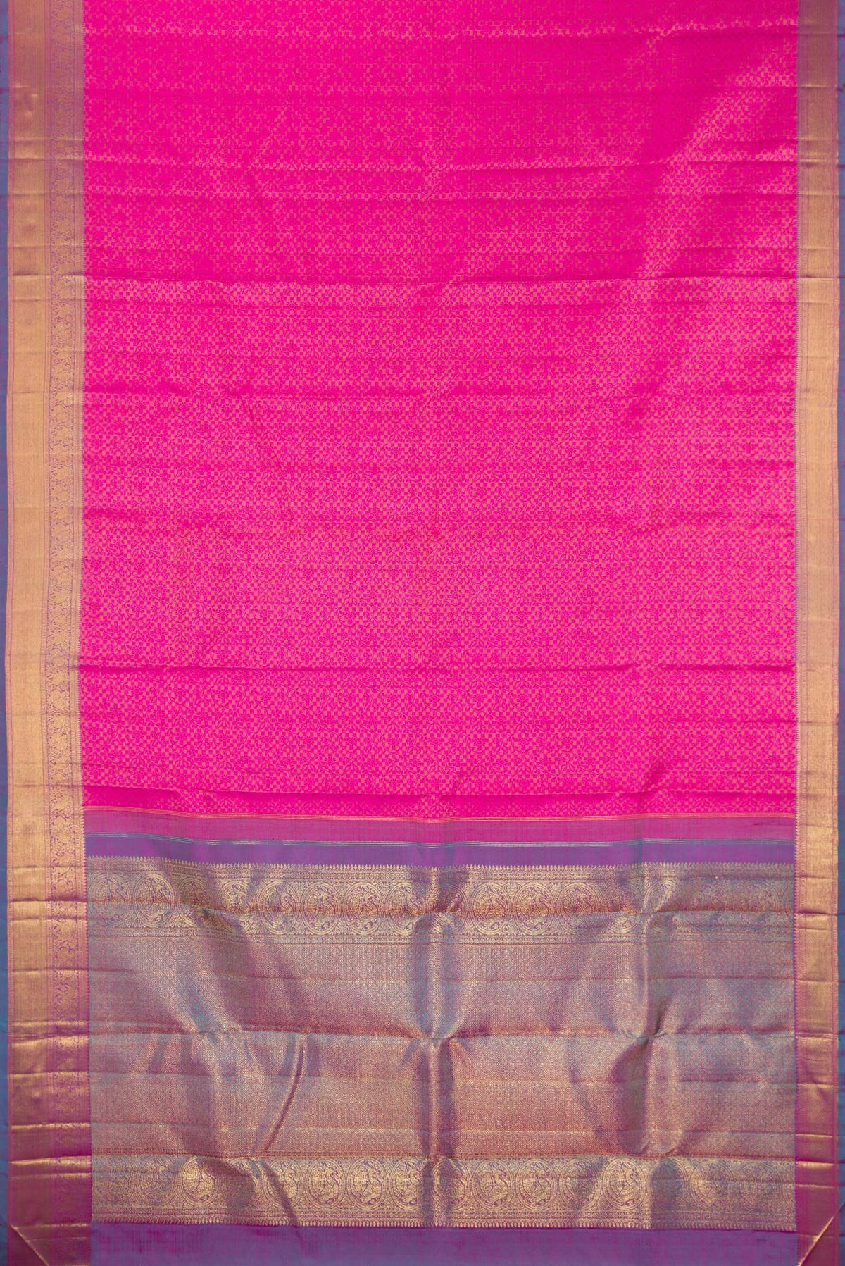 Flat view of Pure Silk Pink Dual Tone Kanjivaram Saree with Jacquard design on the body and Zari Border. 