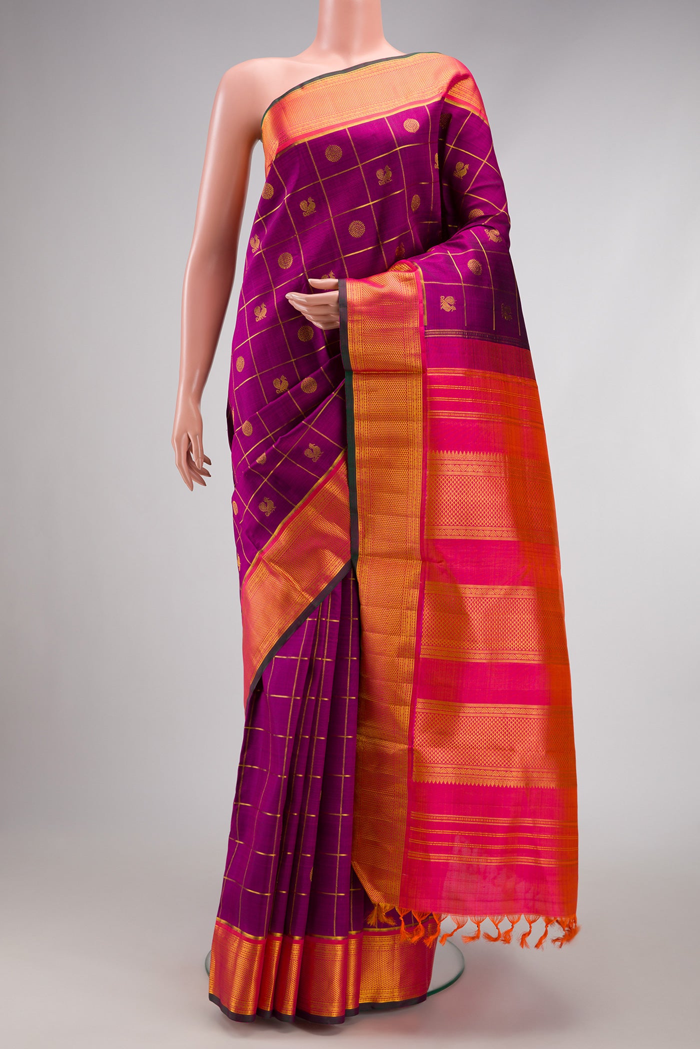 Purple Kanchipuram Silk Nine Yards Saree with Checked design on the body and Zari Border.  displayed on a mannequin