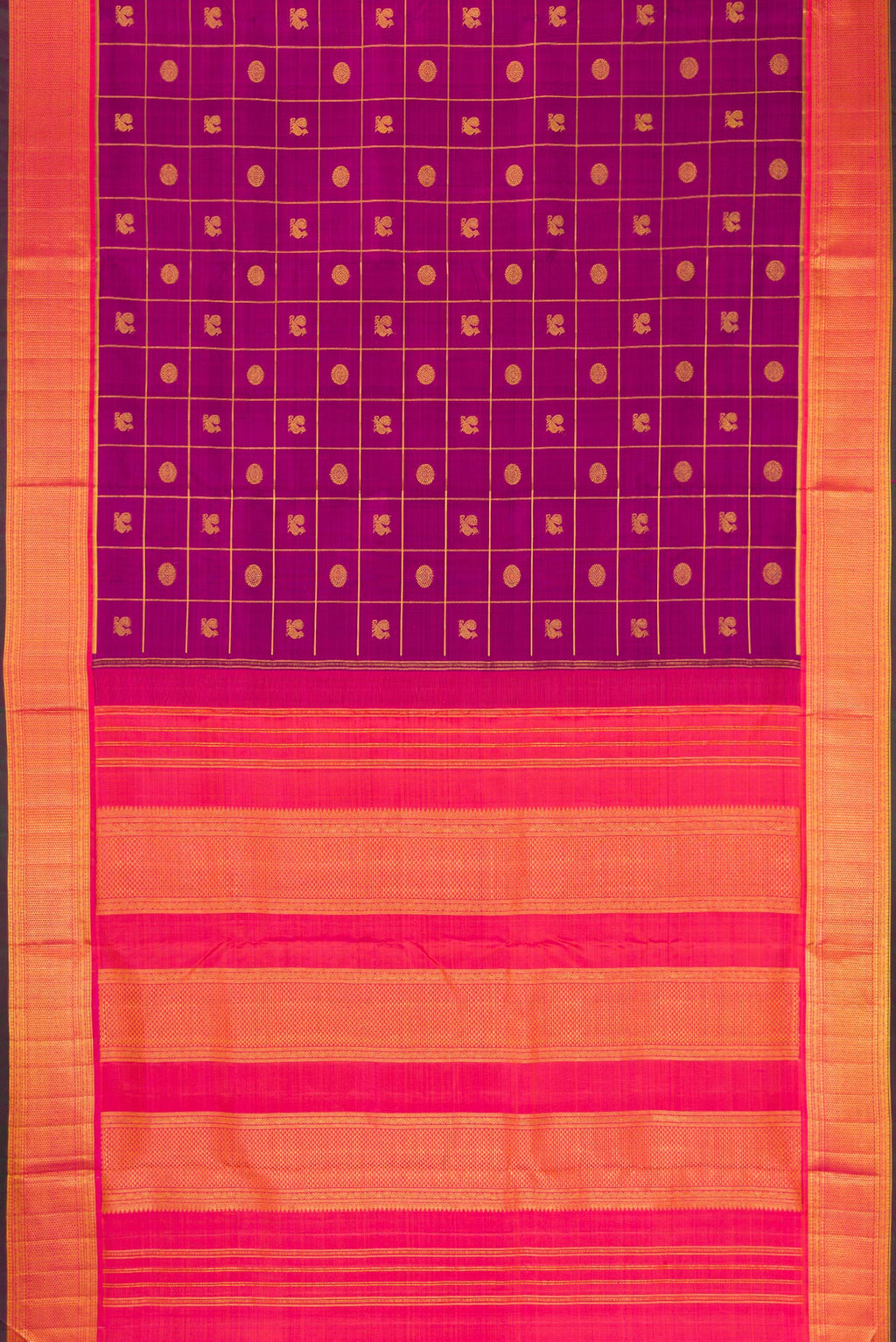 Flat view of Purple Kanchipuram Silk Nine Yards Saree with Checked design on the body and Zari Border. 