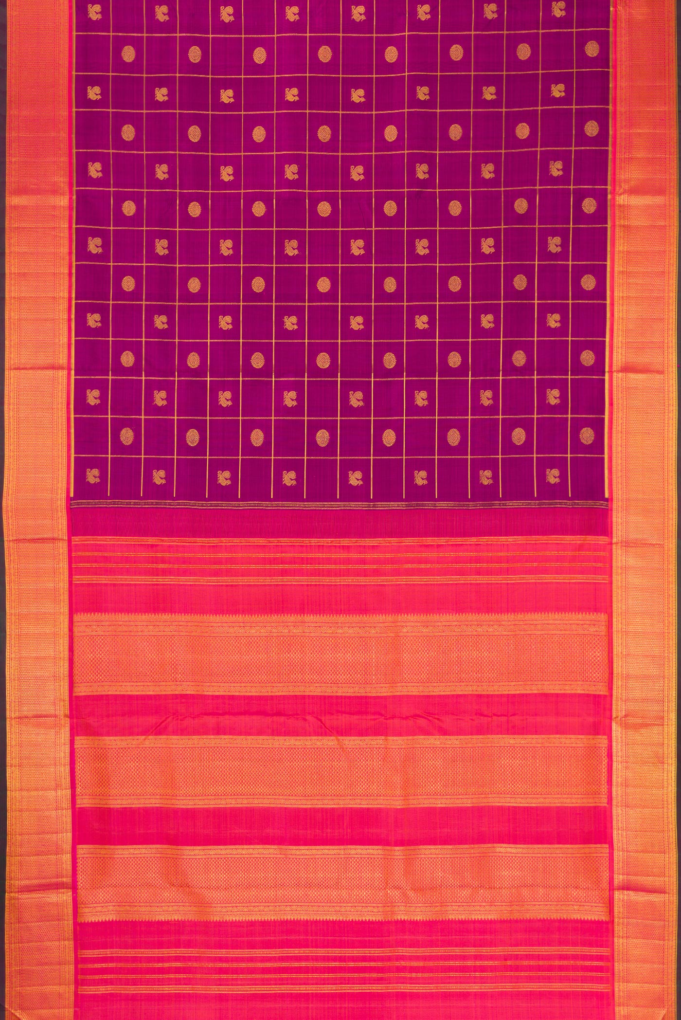 Flat view of Purple Kanchipuram Silk Nine Yards Saree with Checked design on the body and Zari Border. 