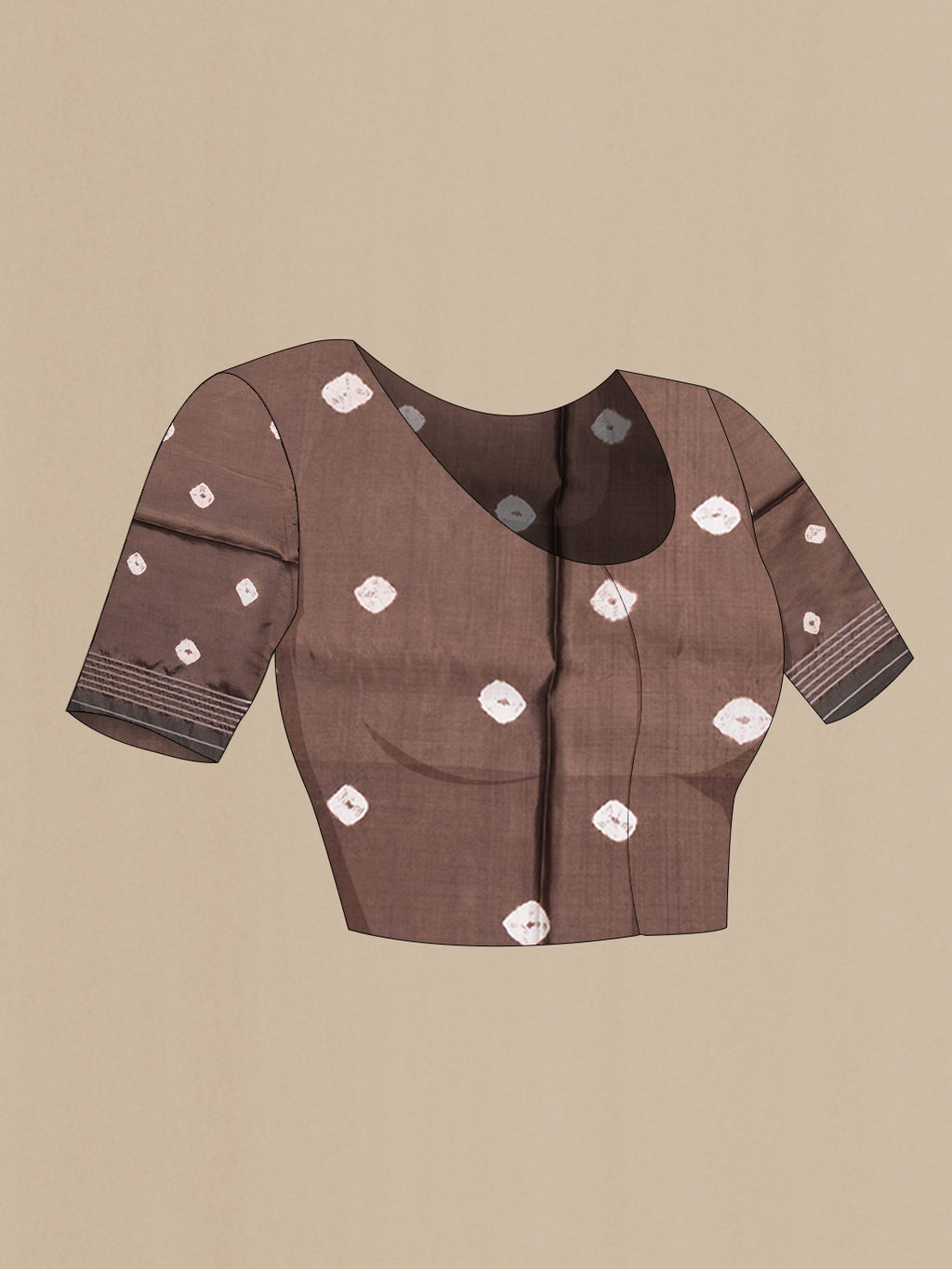 Close up image of the blouse of Brown Blended Tussar Silk Saree with Printed design on the body and Zari Border. 