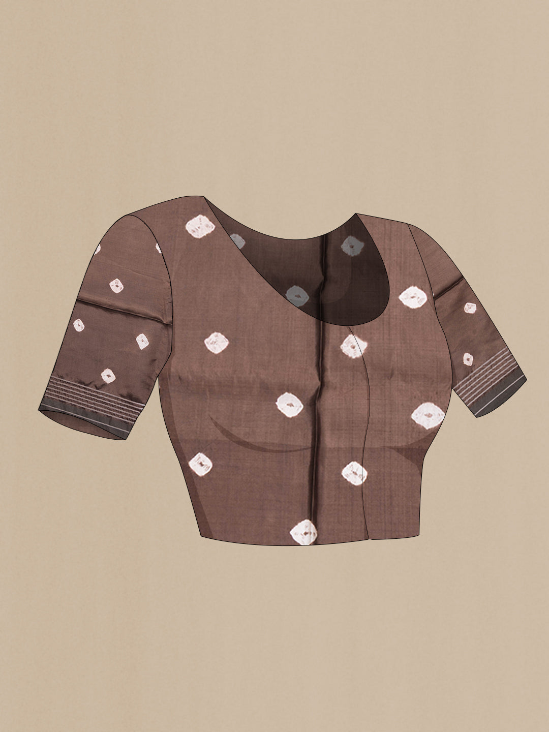Close up image of the blouse of Brown Blended Tussar Silk Saree with Printed design on the body and Zari Border. 