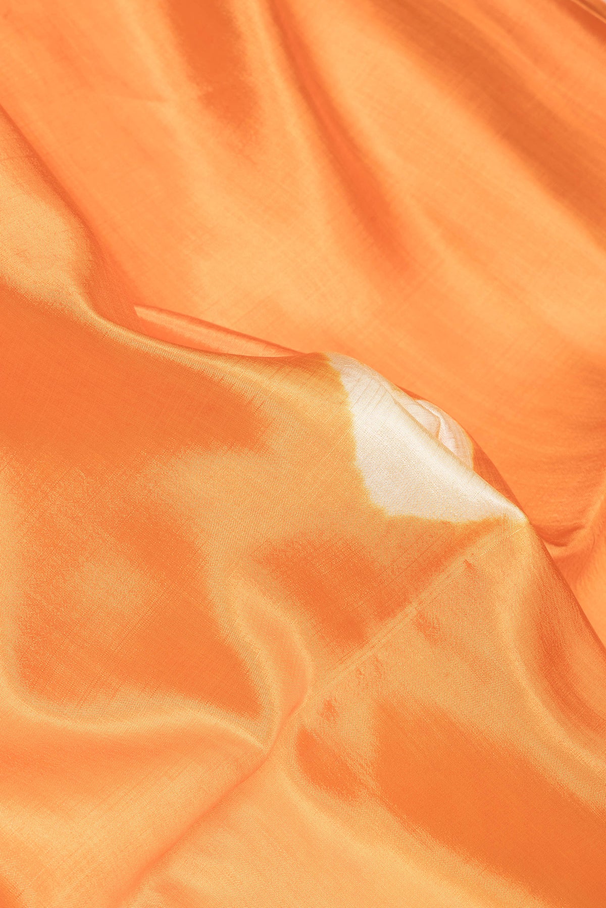 Close up of Orange Blended Tussar Silk Saree with Bandhani Print on the body and Zari Border.  displaying folds
