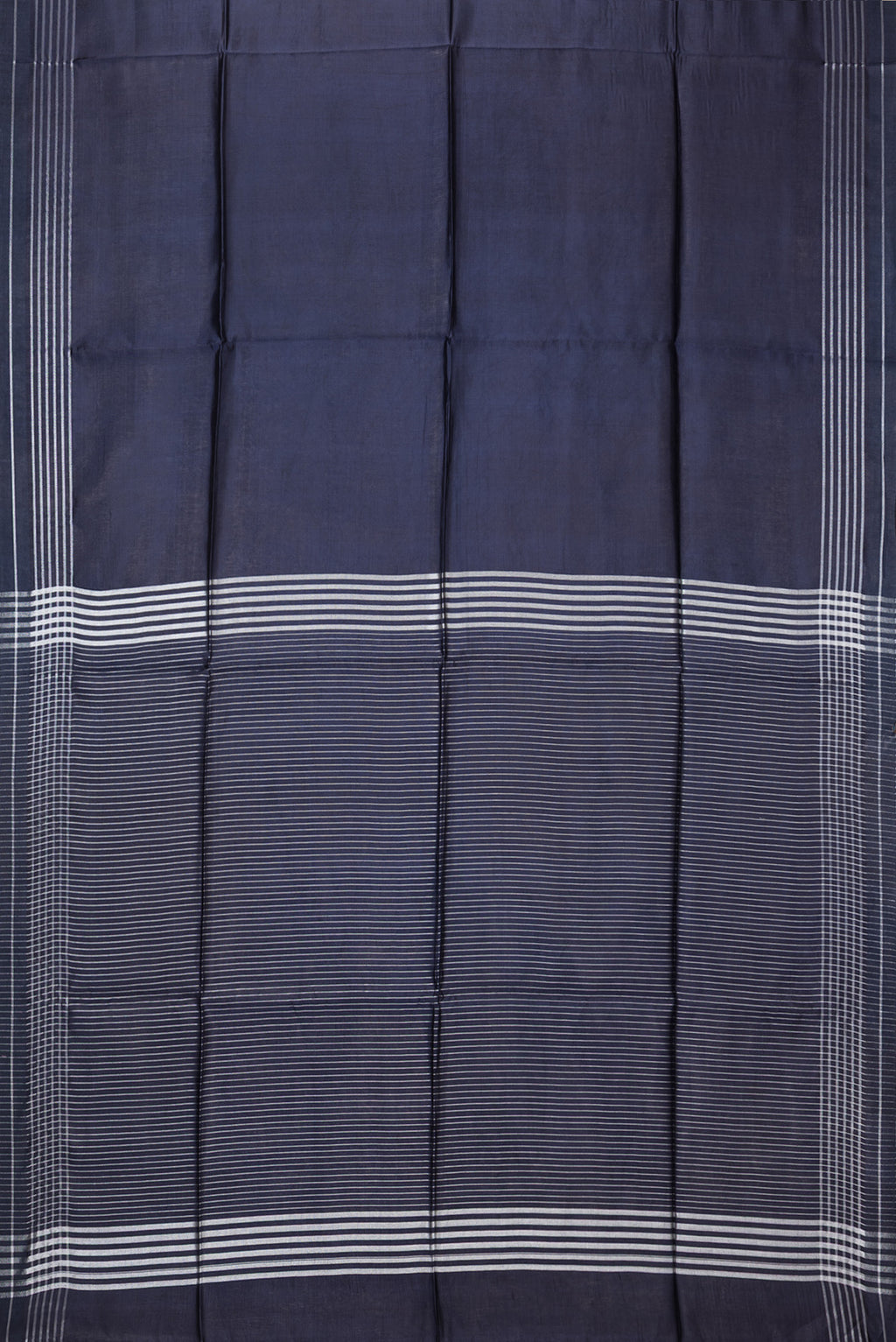 Flat view of Navy Blue Blended Tussar Silk Saree with Plain Body and Plain Border. 