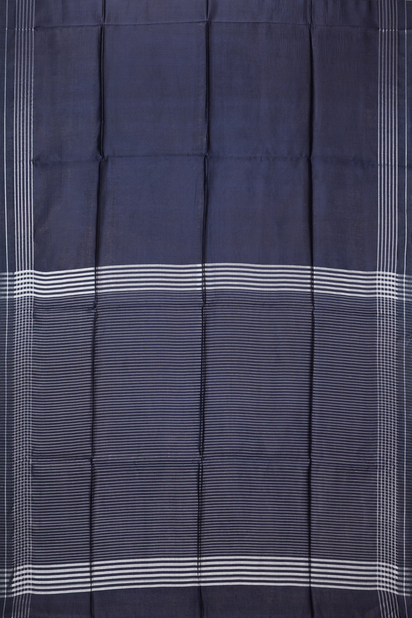Flat view of Navy Blue Blended Tussar Silk Saree with Plain Body and Plain Border. 