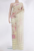 Beige Mysore Georgette Saree with Floral Print on the body and Sequin Border.  displayed on a mannequin