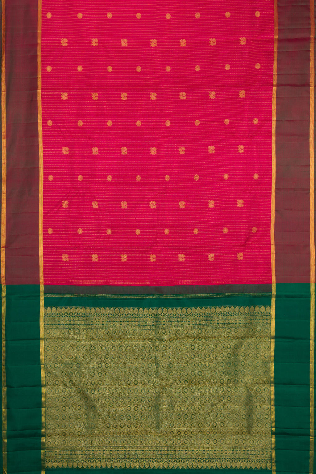 Flat view of Maroon Kanchipuram Silk Saree with Stripes on the body and Zari Border. 