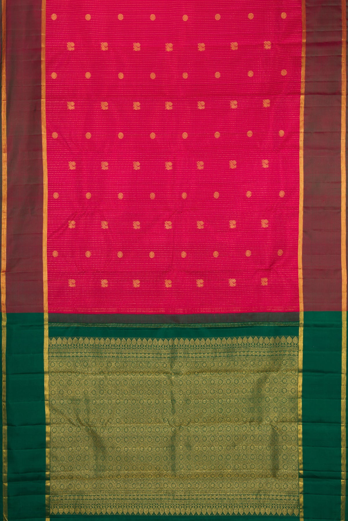 Flat view of Maroon Kanchipuram Silk Saree with Stripes on the body and Zari Border. 