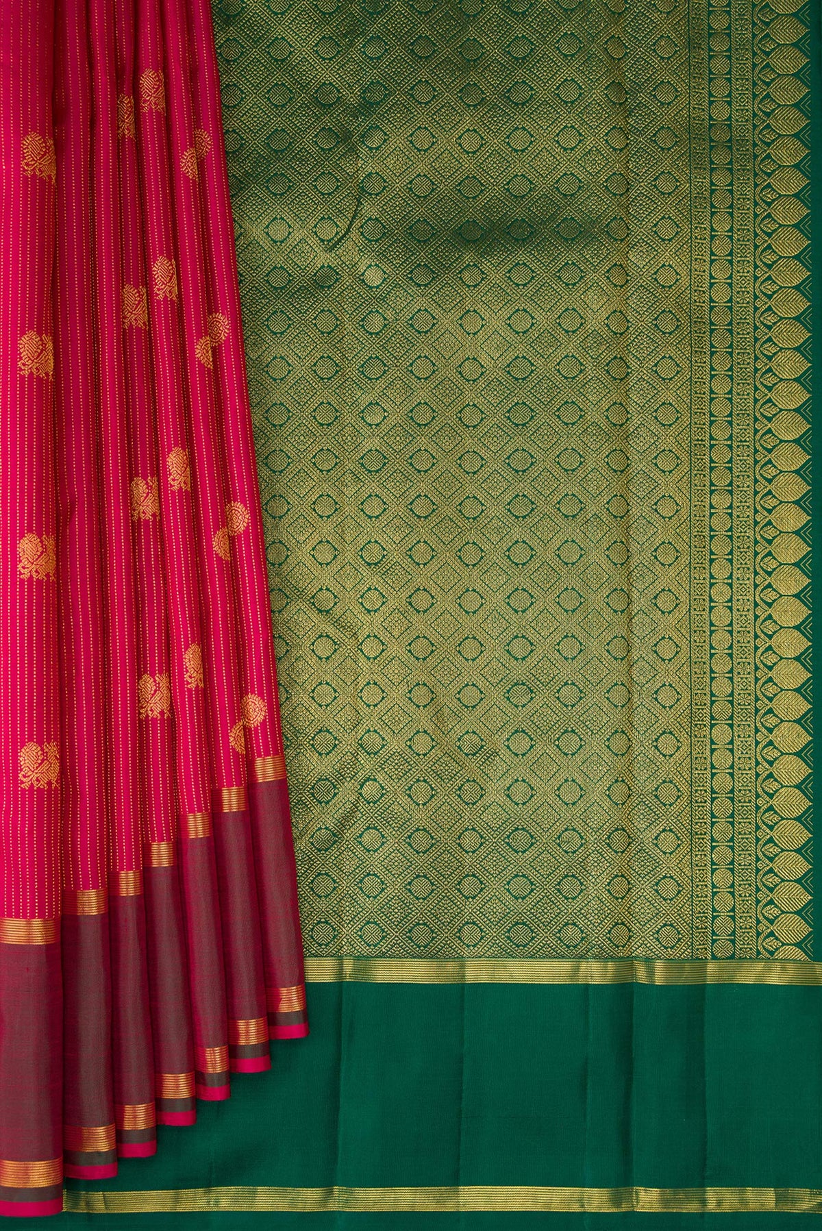 Pleats and pallu of Maroon Kanchipuram Silk Saree with Stripes on the body and Zari Border. 