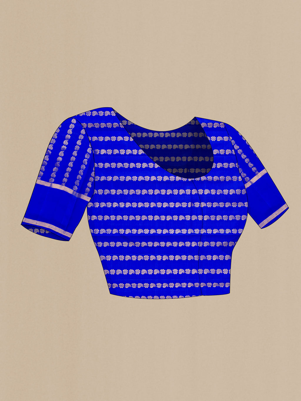 Close up image of the blouse of Royal Blue Kanchipuram Silk Saree with Stripes on the body and Zari Border. 