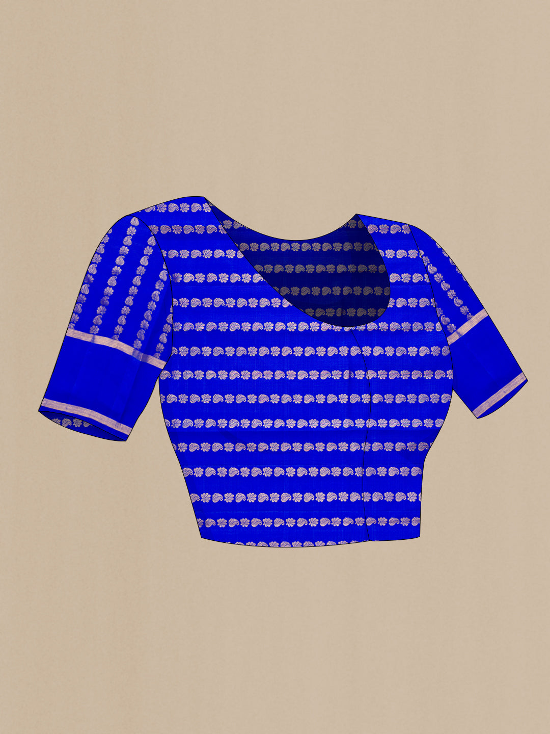 Close up image of the blouse of Royal Blue Kanchipuram Silk Saree with Stripes on the body and Zari Border. 