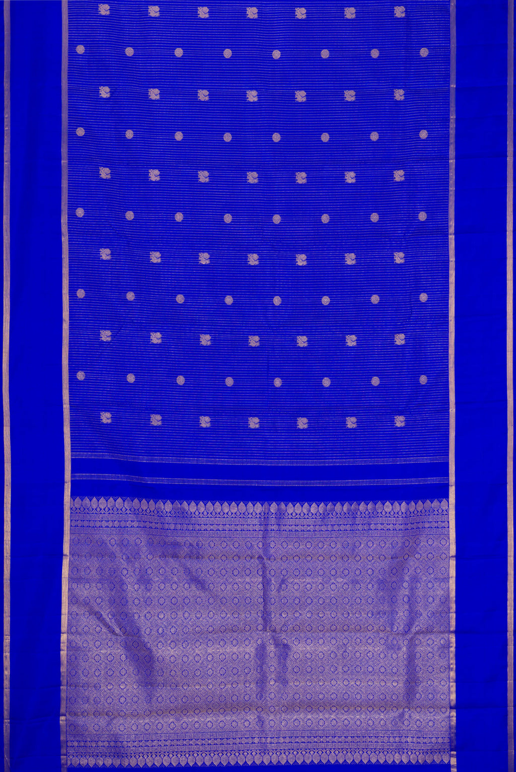 Flat view of Royal Blue Kanchipuram Silk Saree with Stripes on the body and Zari Border. 