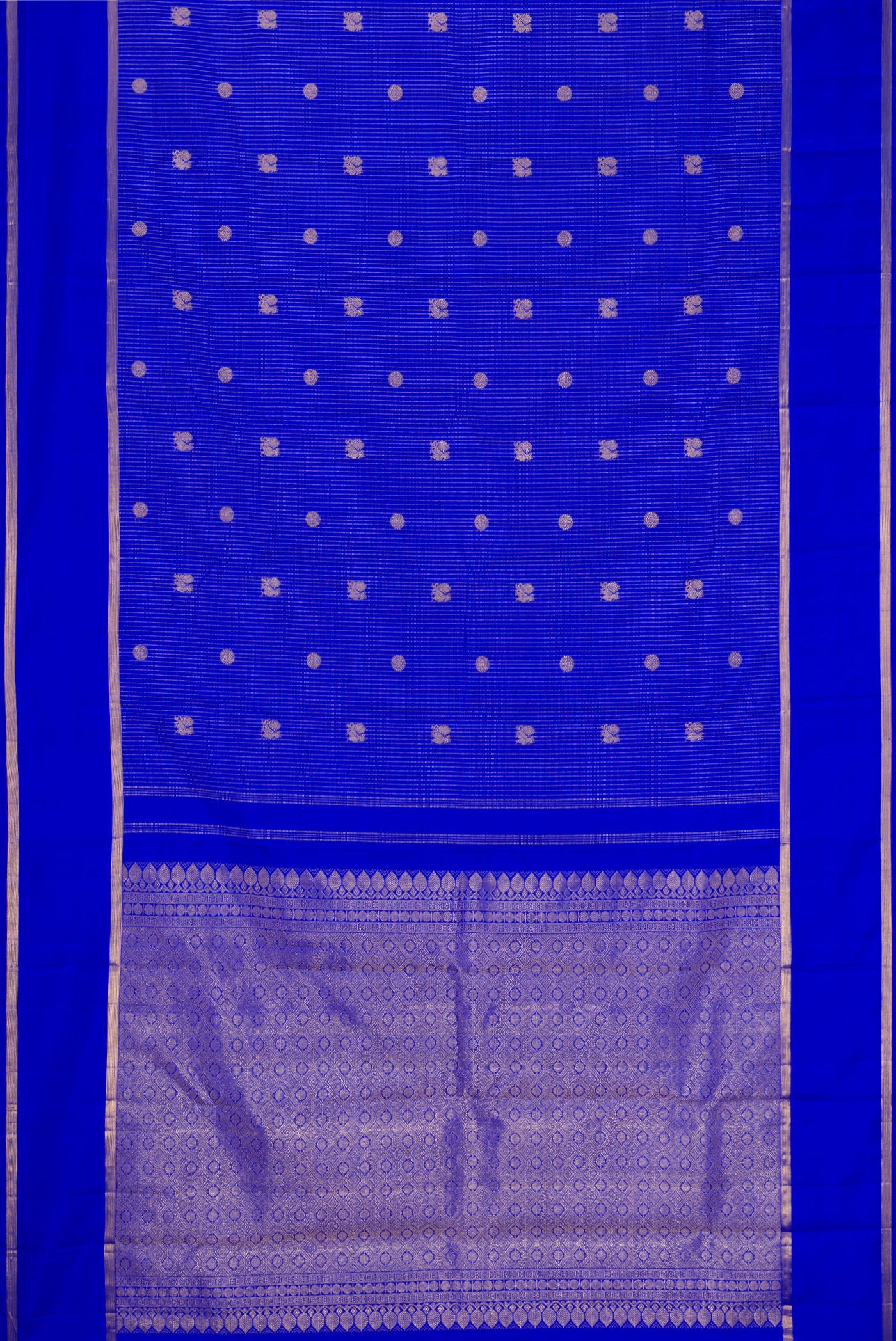 Flat view of Royal Blue Kanchipuram Silk Saree with Stripes on the body and Zari Border. 