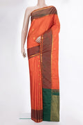 Pure Silk Orange Kanchipuram Saree with Stripes on the body and Zari Border.  displayed on a mannequin
