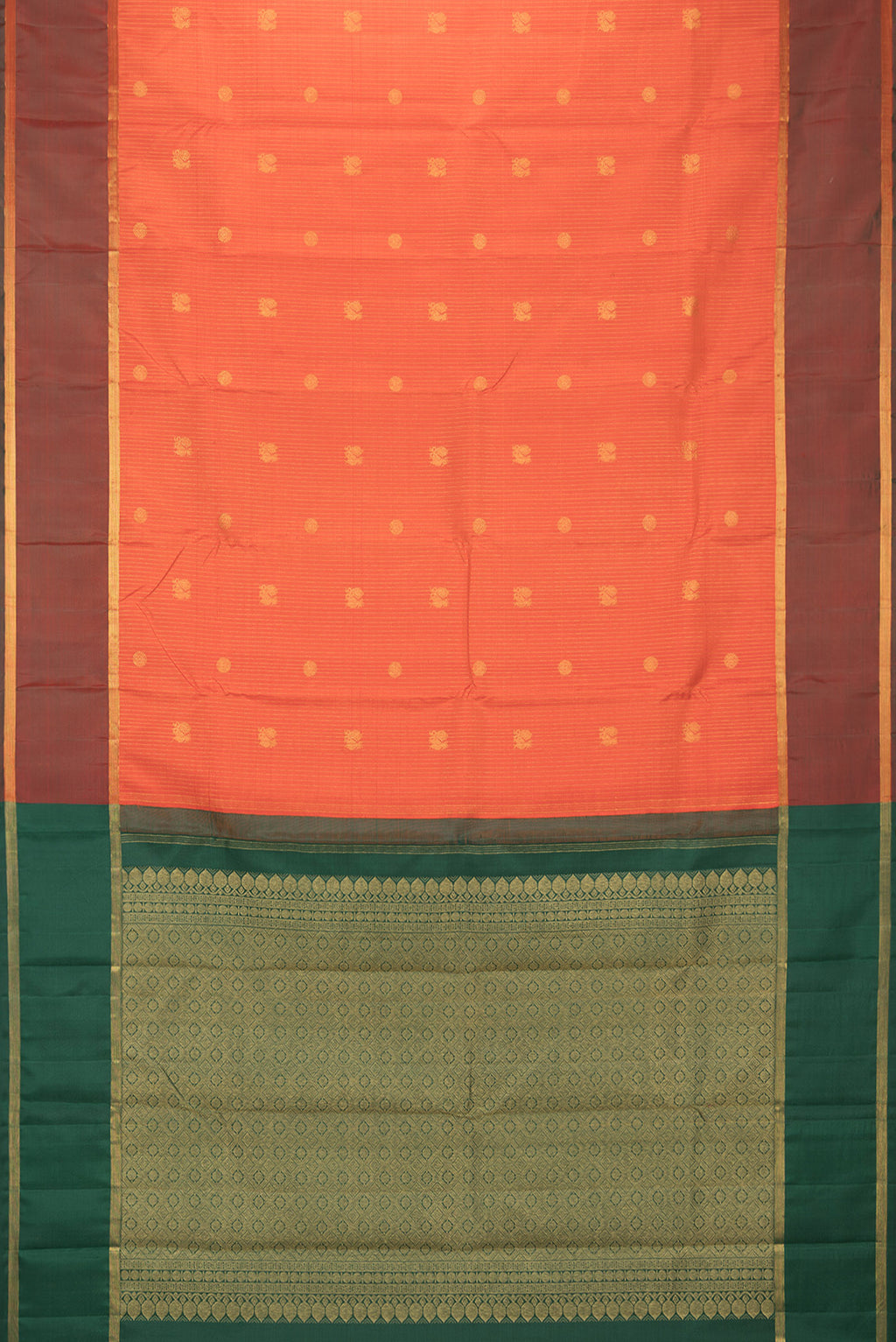 Flat view of Pure Silk Orange Kanchipuram Saree with Stripes on the body and Zari Border. 