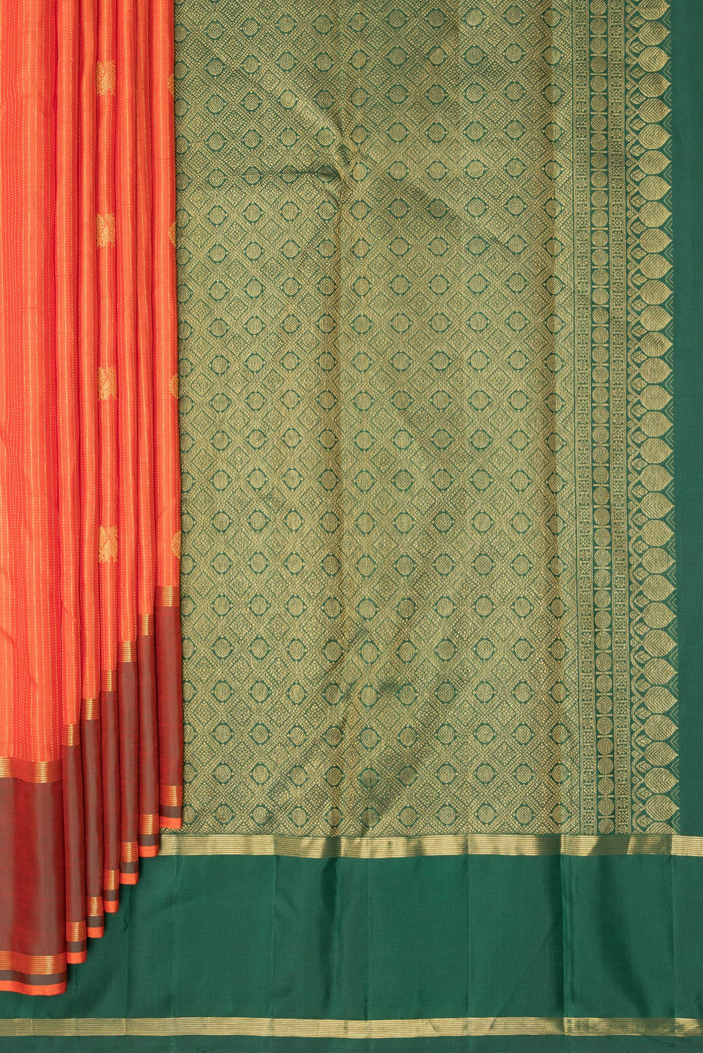 Pleats and pallu of Pure Silk Orange Kanchipuram Saree with Stripes on the body and Zari Border. 