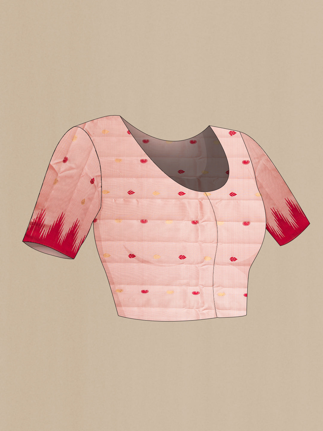 Close up image of the blouse of Rose Gold Gadwal Silk Saree with Zari And Thread Butta on the body and Temple Border. 