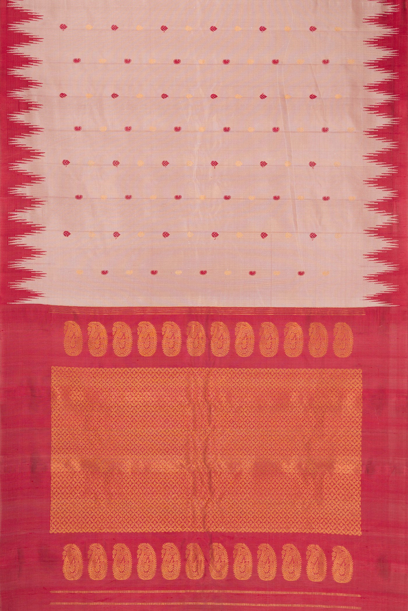 Flat view of Rose Gold Gadwal Silk Saree with Zari And Thread Butta on the body and Temple Border. 