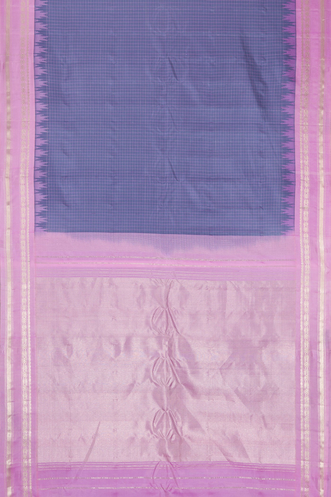 Flat view of Grey Gadwal Silk Saree with Checked design on the body and Temple Border. 