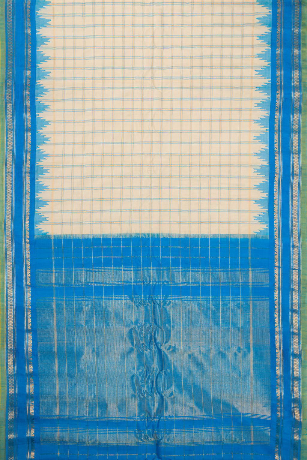 Flat view of Beige Gadwal Silk Saree with Checked design on the body and Zari Border. 