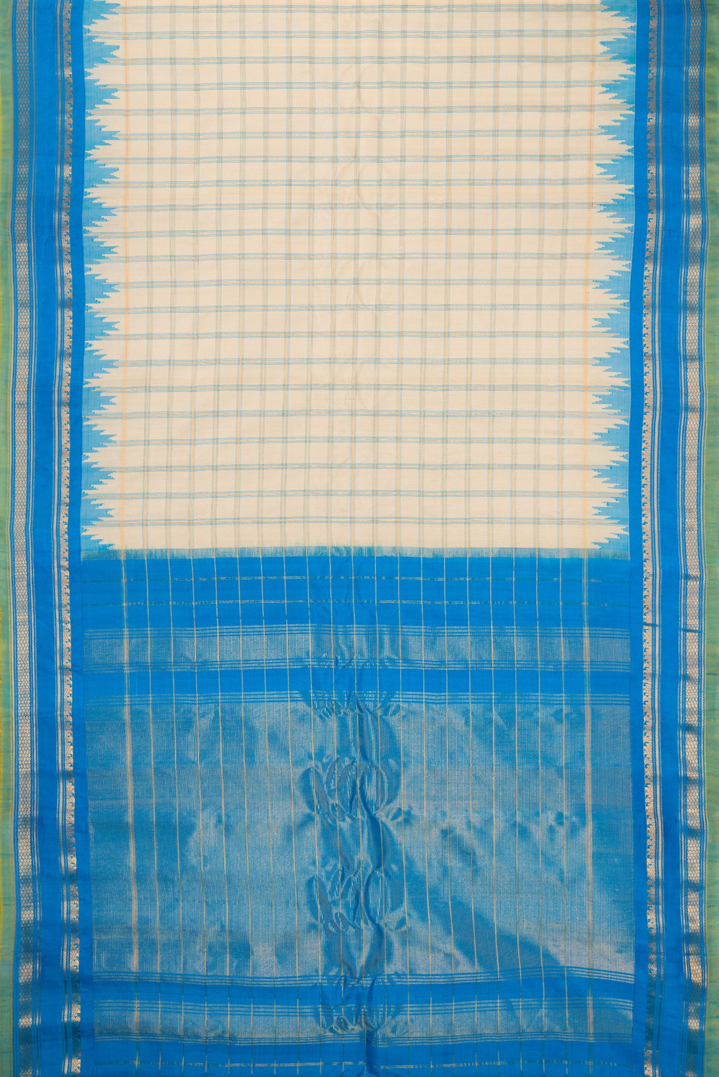 Flat view of Beige Gadwal Silk Saree with Checked design on the body and Zari Border. 