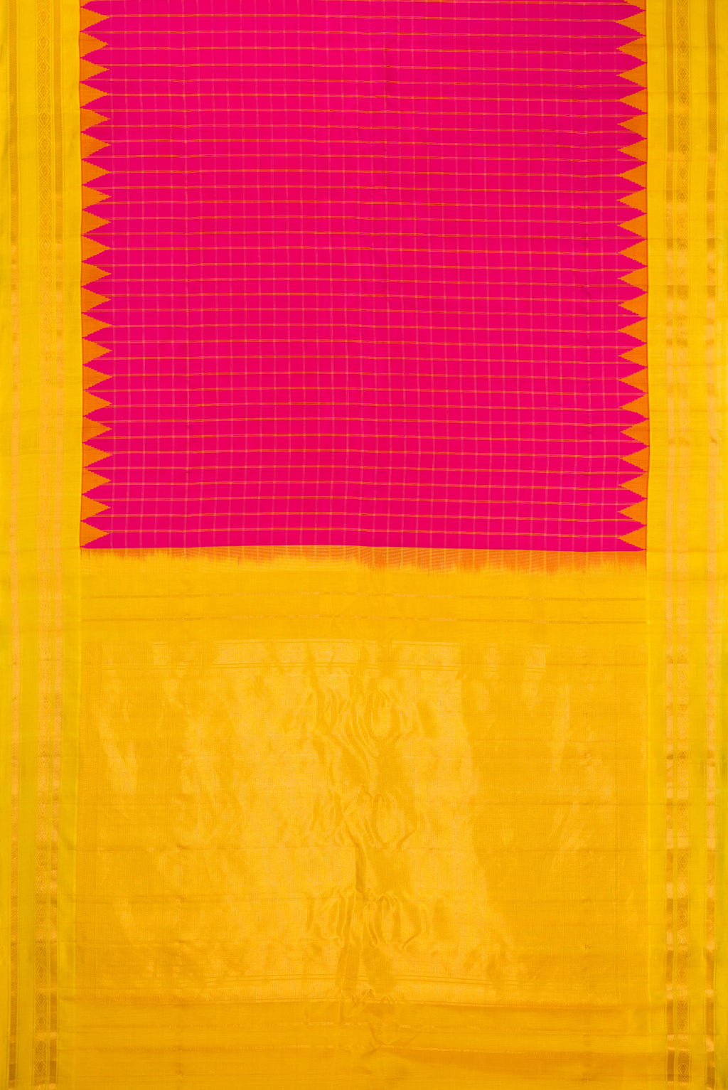 Flat view of Pink Gadwal Silk Saree with Checked design on the body and Zari Border. 