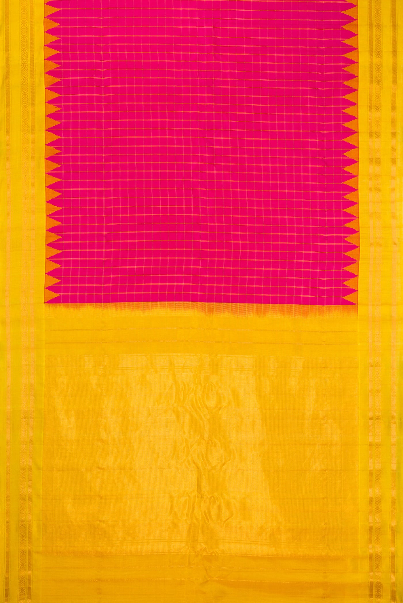 Flat view of Pink Gadwal Silk Saree with Checked design on the body and Zari Border. 