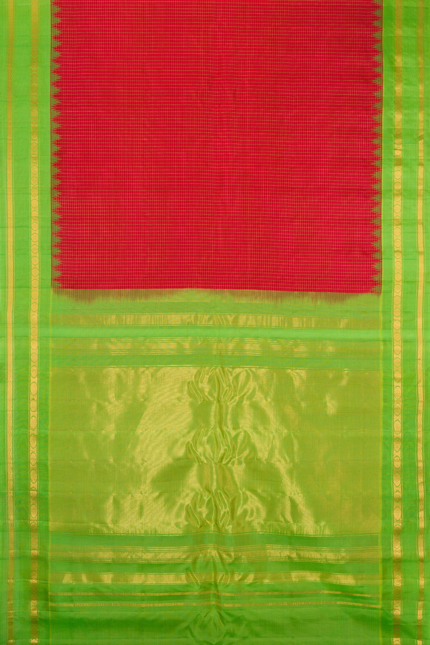 Flat view of Maroon Gadwal Silk Saree with Checked design on the body and Zari Border. 