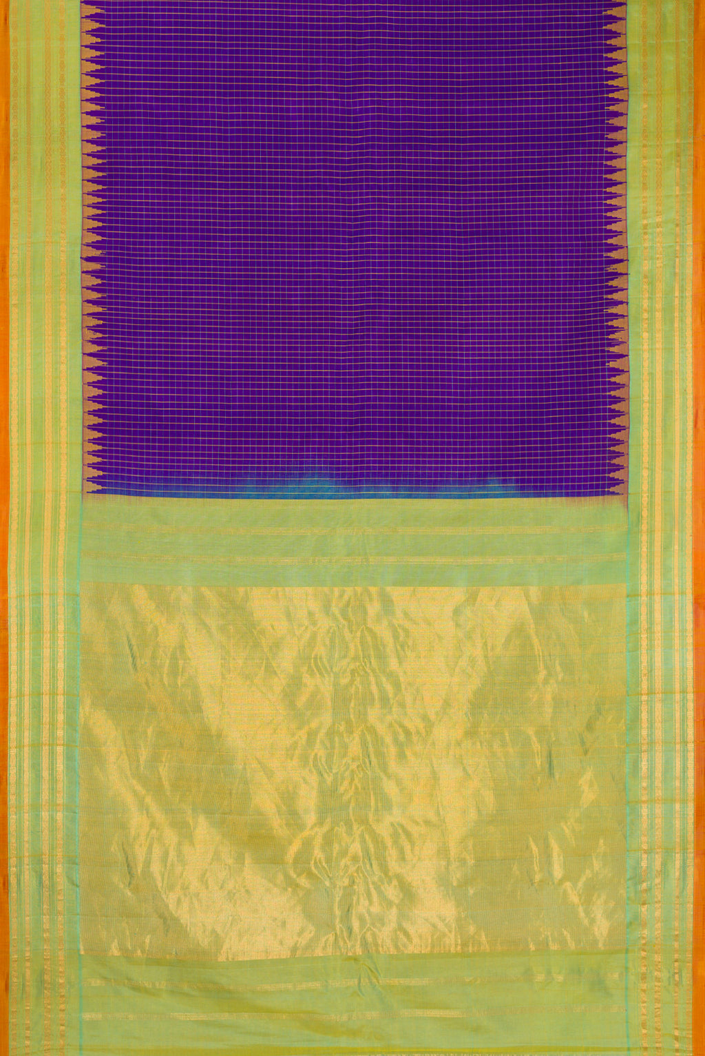 Flat view of Dark Blue Gadwal Silk Saree with Checked design on the body and Zari Border. 