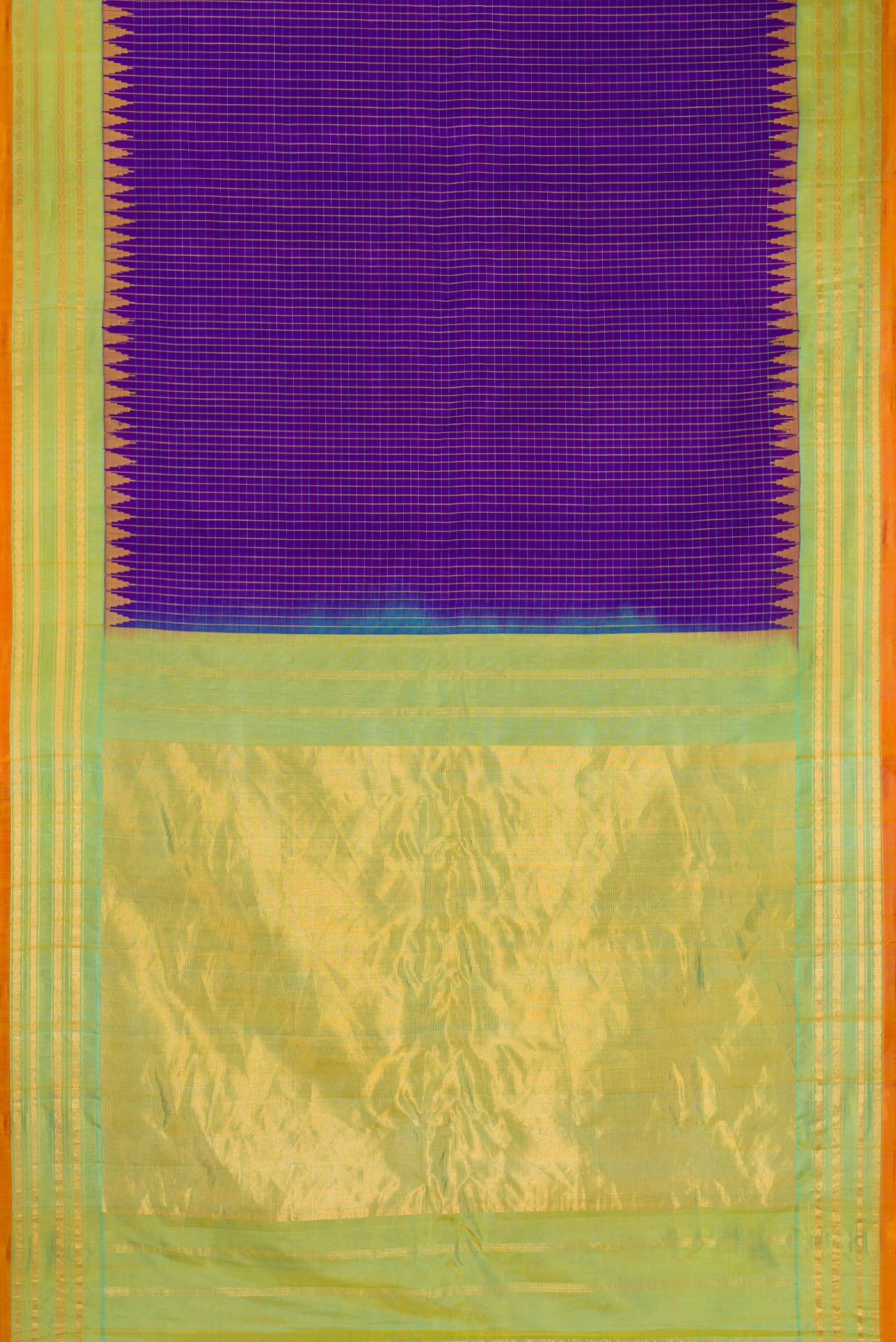 Flat view of Dark Blue Gadwal Silk Saree with Checked design on the body and Zari Border. 