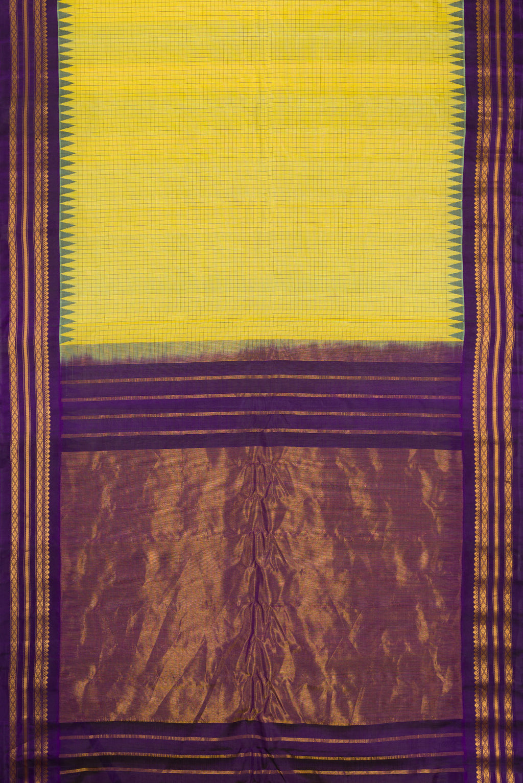 Flat view of Light Green Gadwal Silk Saree with Checked design on the body and Zari Border. 