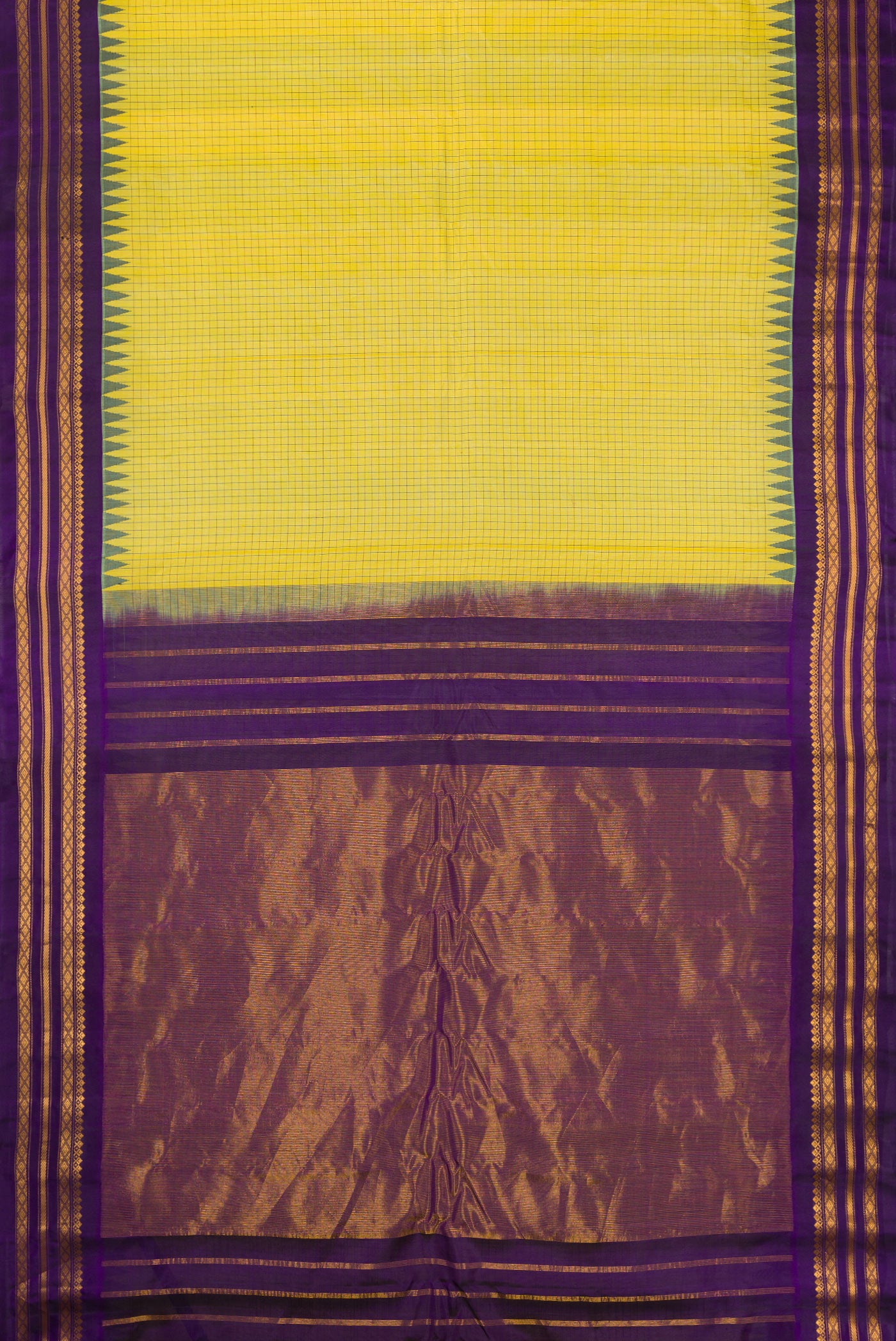 Flat view of Light Green Gadwal Silk Saree with Checked design on the body and Zari Border. 