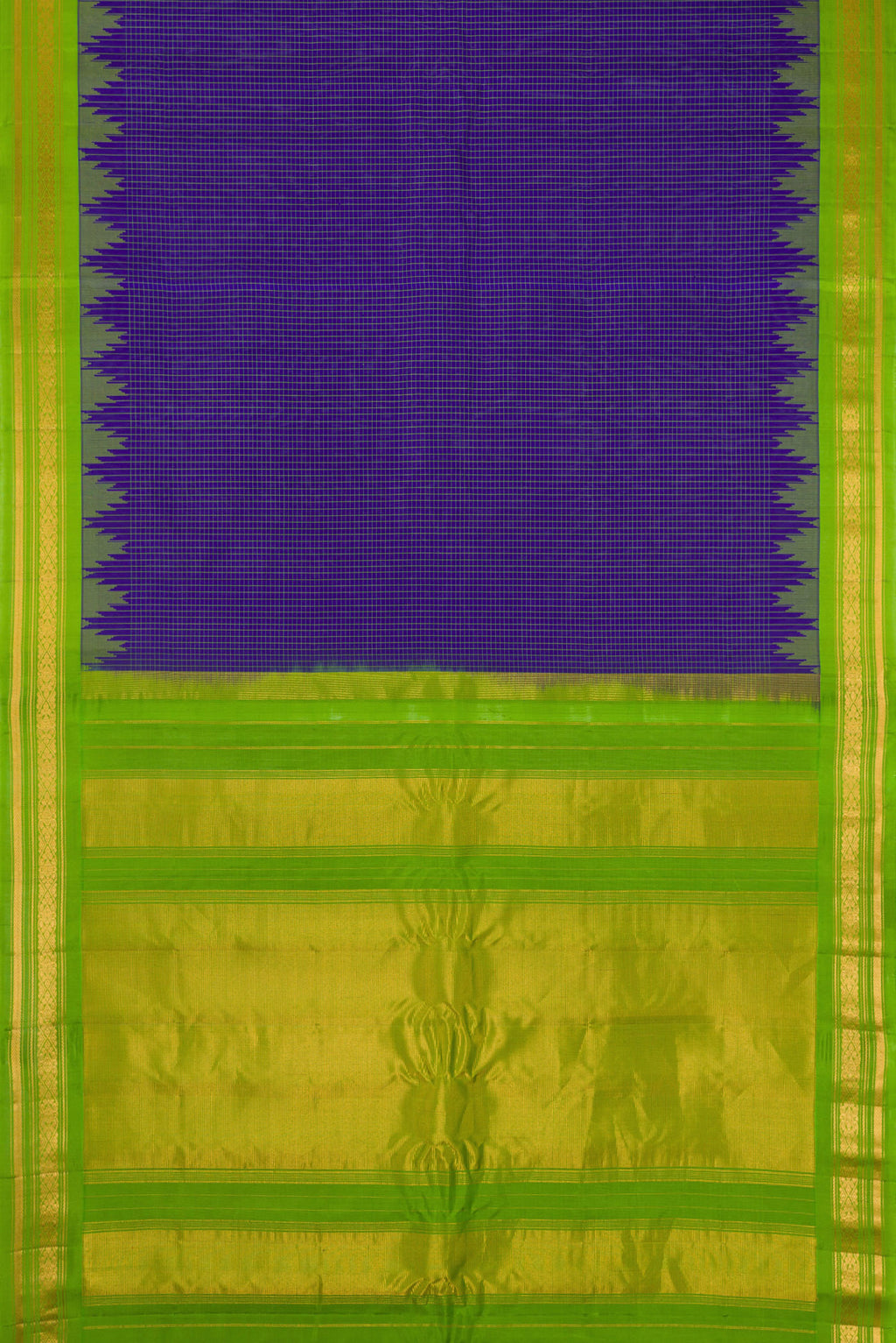 Flat view of Royal Blue Gadwal Silk Saree with Checked design on the body and Temple Border. 